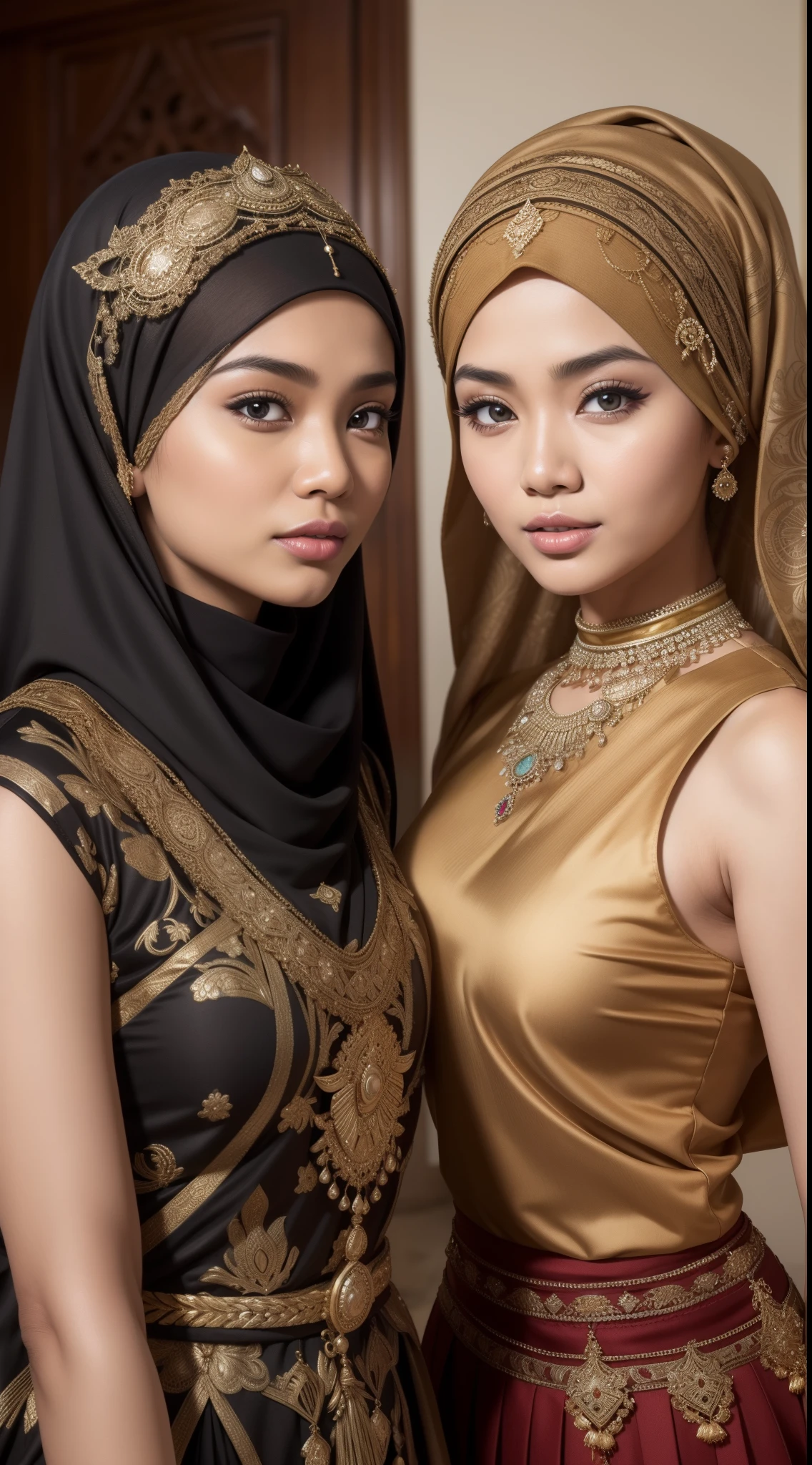 RAW, Best quality, high resolution, work: 1.3),2 beautiful Indonesian (Javanese) ,2 women wearing hijab (iu:0.8),2 beautiful Indonesian (Javanese) women, twins, exactly the same face