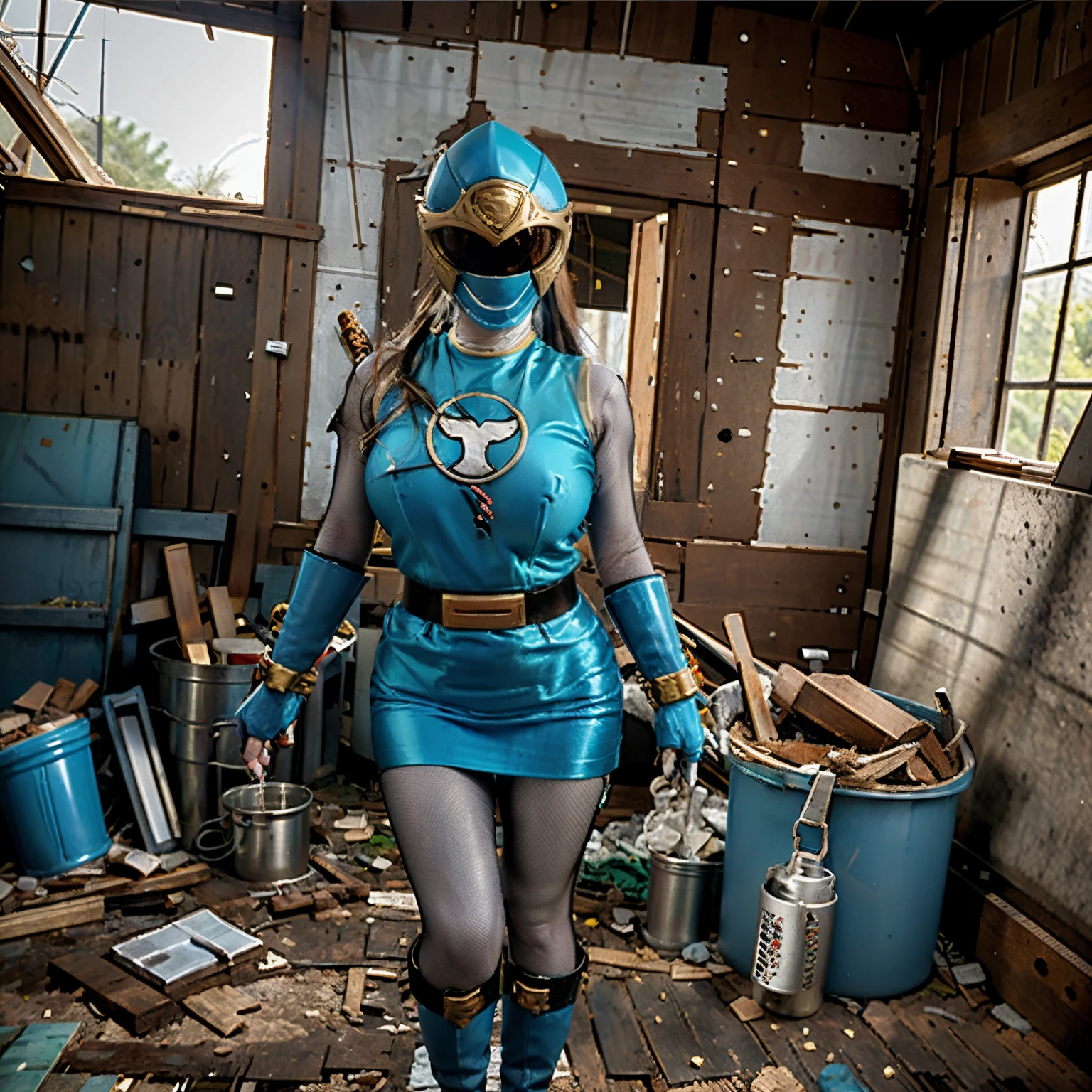 (masterpiece:1.1, Best Quality:1.1, 16 K, High resolution), (ultra-realistic portrait of Hurricane Blue_Ninpuu Sentai Hurricanger), Ultra-detailed, Illustration, (Hurricane Blue outfit, belt, gloves, helmet, blue spandex vest, sunglasses, blue boots, blue skirt, gray leggings, white gloves, In an abandoned hut, farms), (Huge breasts:1.3, Huge boobs:1.3, huge tit:1.3, Perfect slim body style:1.35, hyper detailed face, ultra detailed skin texture,