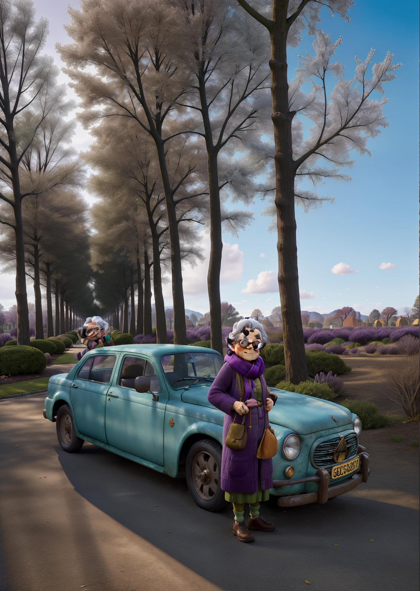masterpiece, best quality, an old woman with glasses and a scarf on, wearing a purple coat and green scarf, standing at the park