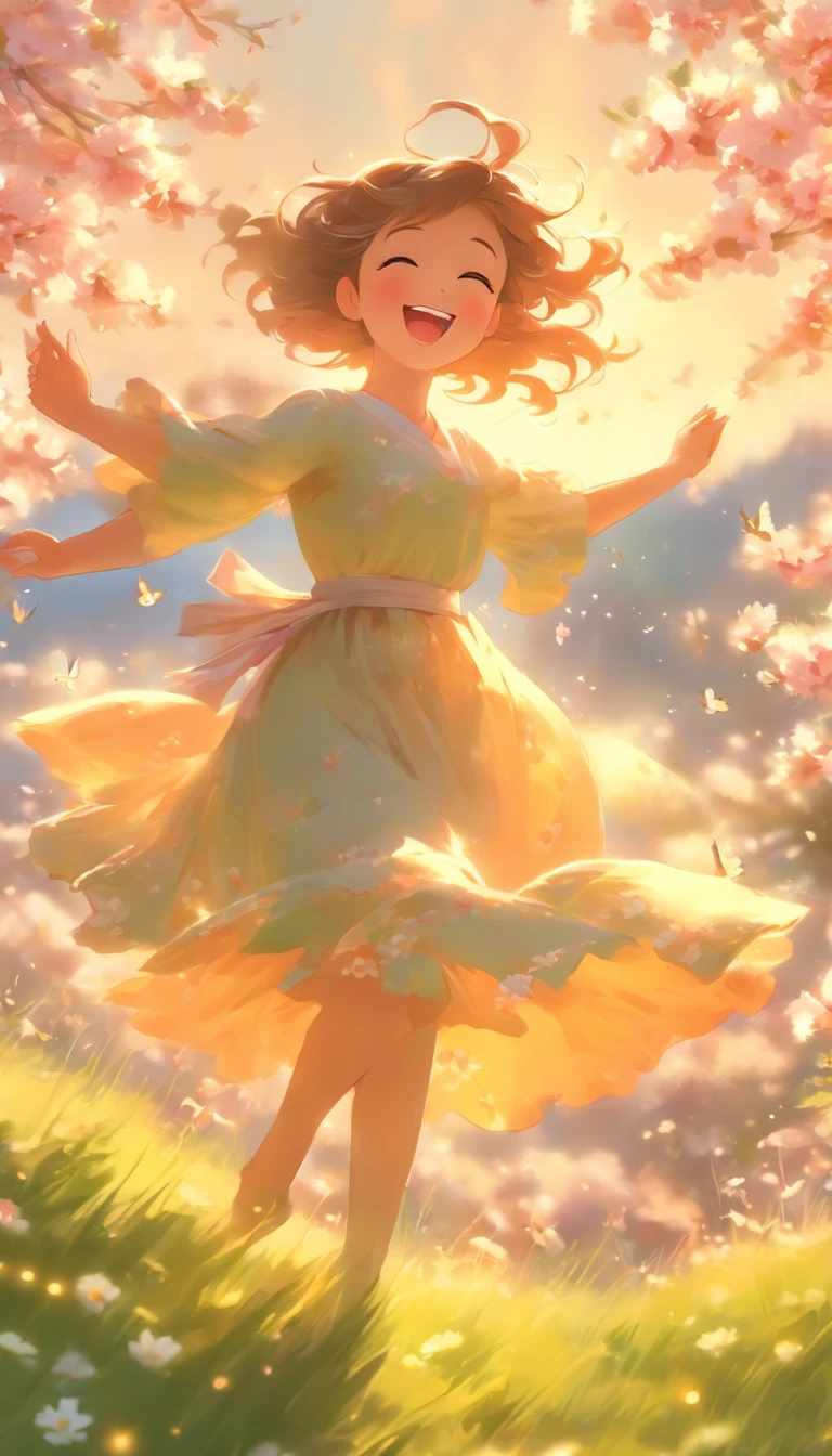 spring meadow, blooming flowers, vibrant colors, gentle breeze, clear blue sky, joyful atmosphere, lush green grass, singing birds, tranquil setting, sunlight filtering through trees, peacefulness, natural beauty, fresh air, serene landscape, rejuvenation, new beginnings, beauty of nature, blossoming cherry blossoms, butterflies fluttering, dainty daisies, delicate petals, dancing in the meadow, tranquility in the air, harmonious growth and rebirth, picturesque scenery, idyllic charm, perfect harmony between man and nature, a girl admiring the flowers with a smile on her face, warm sunlight illuminating her features, carefree and content, embracing the beauty of the season, feeling the soft grass beneath her feet, capturing the essence of spring, a timeless masterpiece brimming with life and energy (best quality, highres, photorealistic), an impressionist painting come to life, capturing the vibrant palette of spring, a celebration of nature's beauty.