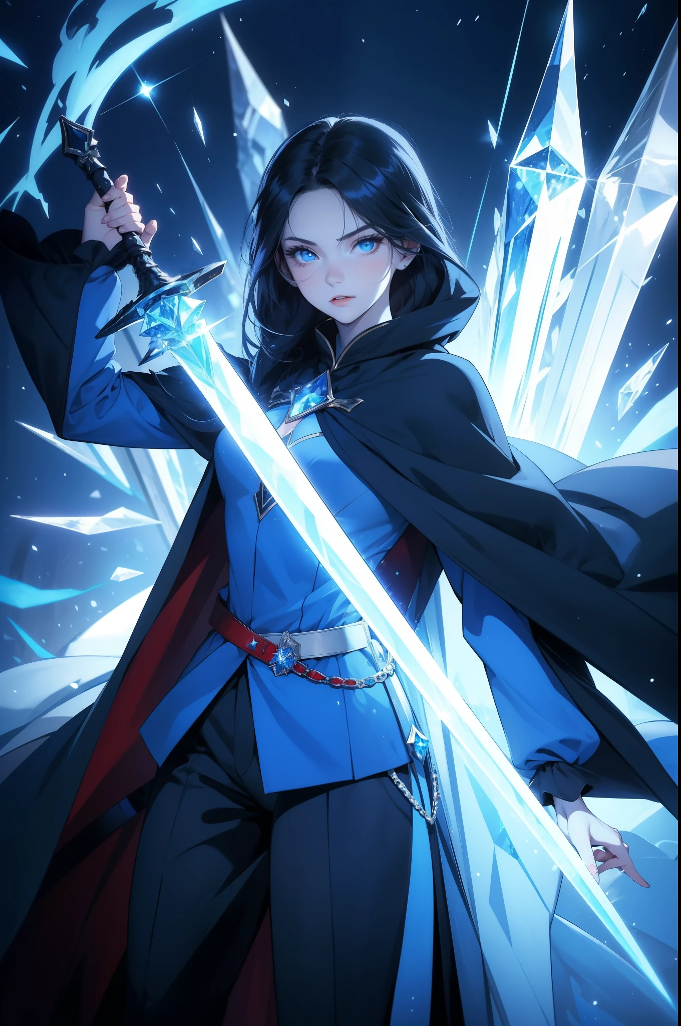 a woman, young, 19 years old, long white hair, snow white skin, cold gaze, crystal blue eyes, black uniform with pants, wears a red cape with loose hoods, holding a crystal sword, background with blue lights.