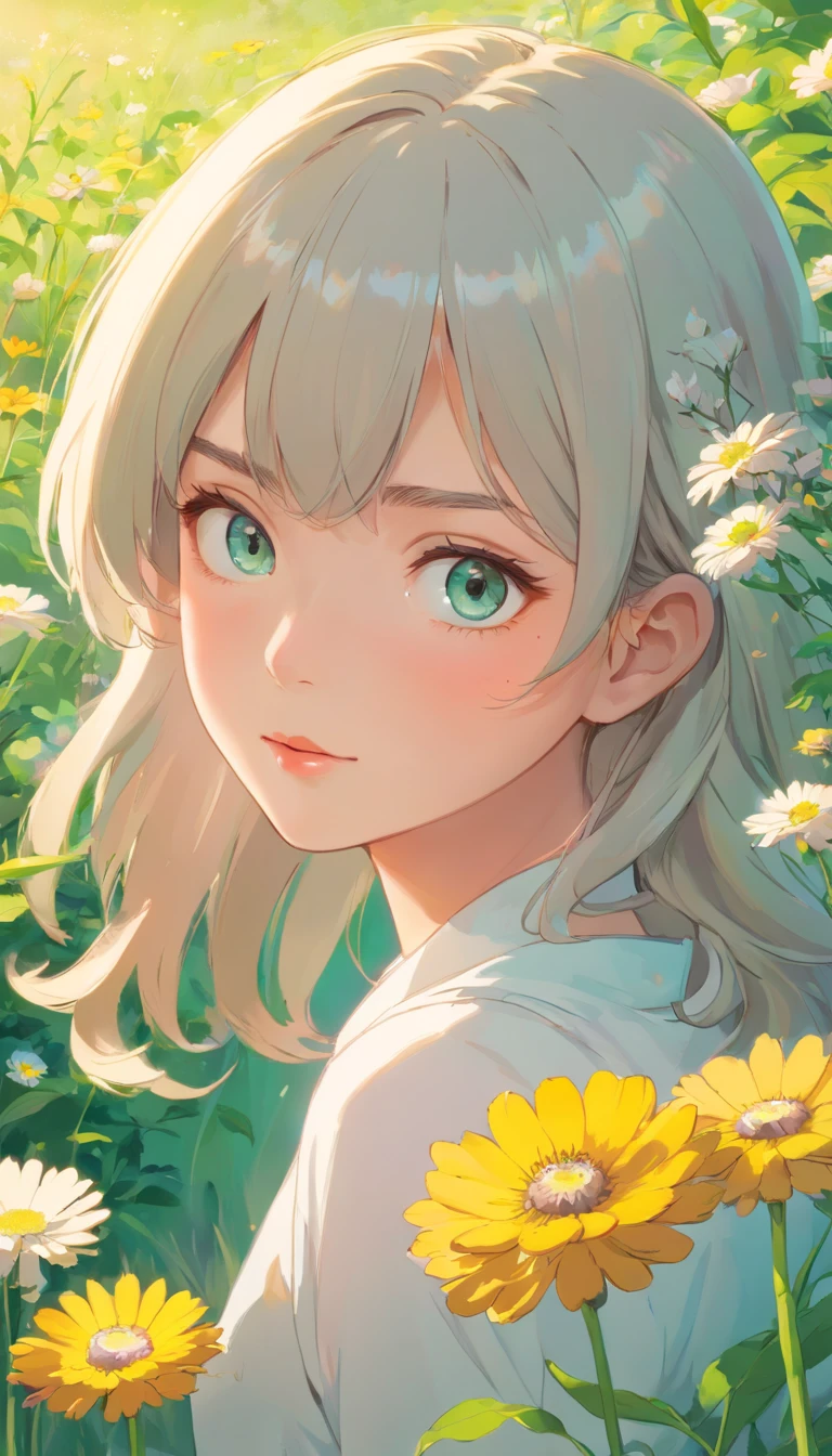 A girl in a garden,beautiful detailed eyes,beautiful detailed lips,extremely detailed eyes and face,longeyelashes,illustration,floral patterns,blossoming flowers,butterflies,fresh green grass,soft sunlight,best quality,4k,8k,highres,masterpiece:1.2,ultra-detailed,photorealistic,HDR,vivid colors,pastel color palette,warm sunlight.