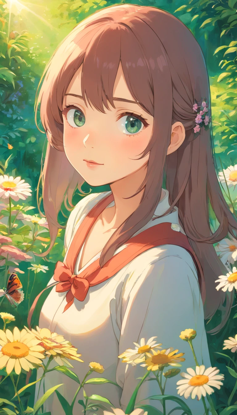 A girl in a garden,beautiful detailed eyes,beautiful detailed lips,extremely detailed eyes and face,longeyelashes,illustration,floral patterns,blossoming flowers,butterflies,fresh green grass,soft sunlight,best quality,4k,8k,highres,masterpiece:1.2,ultra-detailed,photorealistic,HDR,vivid colors,pastel color palette,warm sunlight.