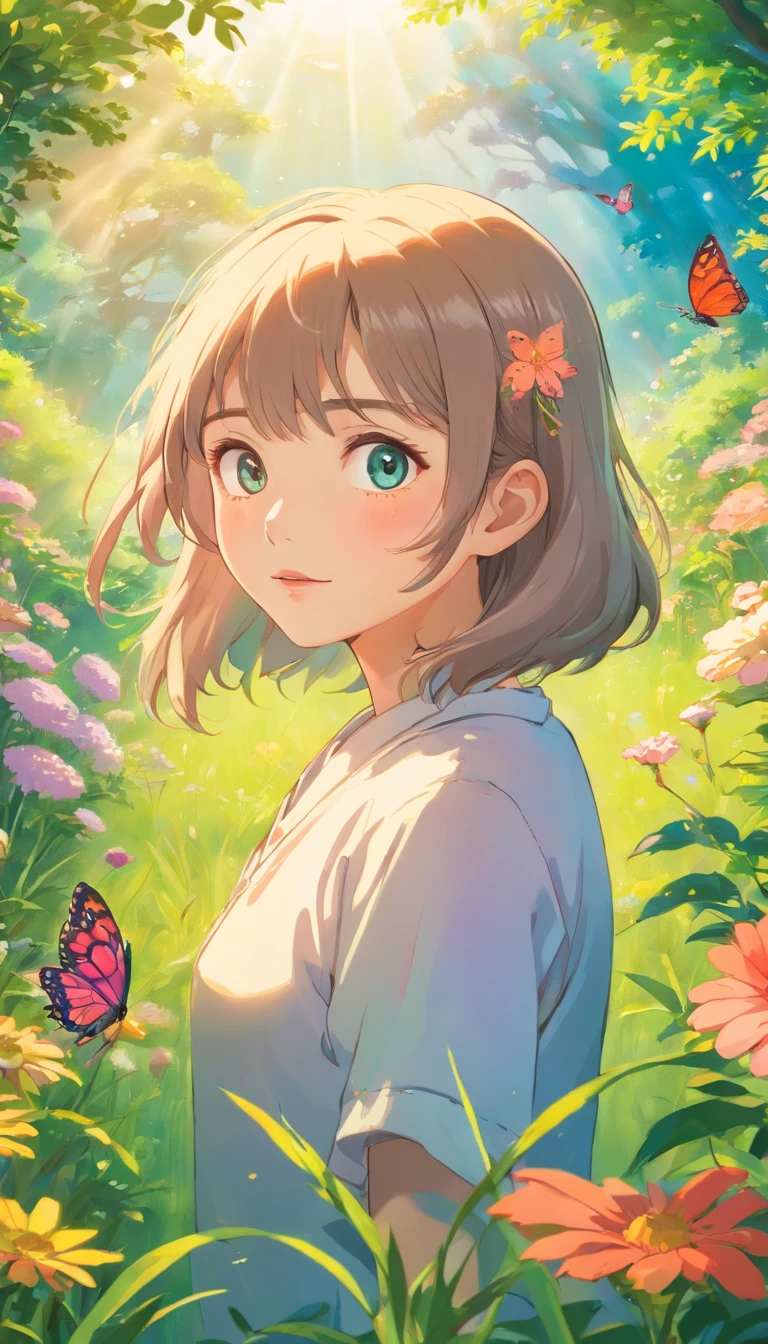 A girl in a garden,beautiful detailed eyes,beautiful detailed lips,extremely detailed eyes and face,longeyelashes,illustration,floral patterns,blossoming flowers,butterflies,fresh green grass,soft sunlight,best quality,4k,8k,highres,masterpiece:1.2,ultra-detailed,photorealistic,HDR,vivid colors,pastel color palette,warm sunlight.