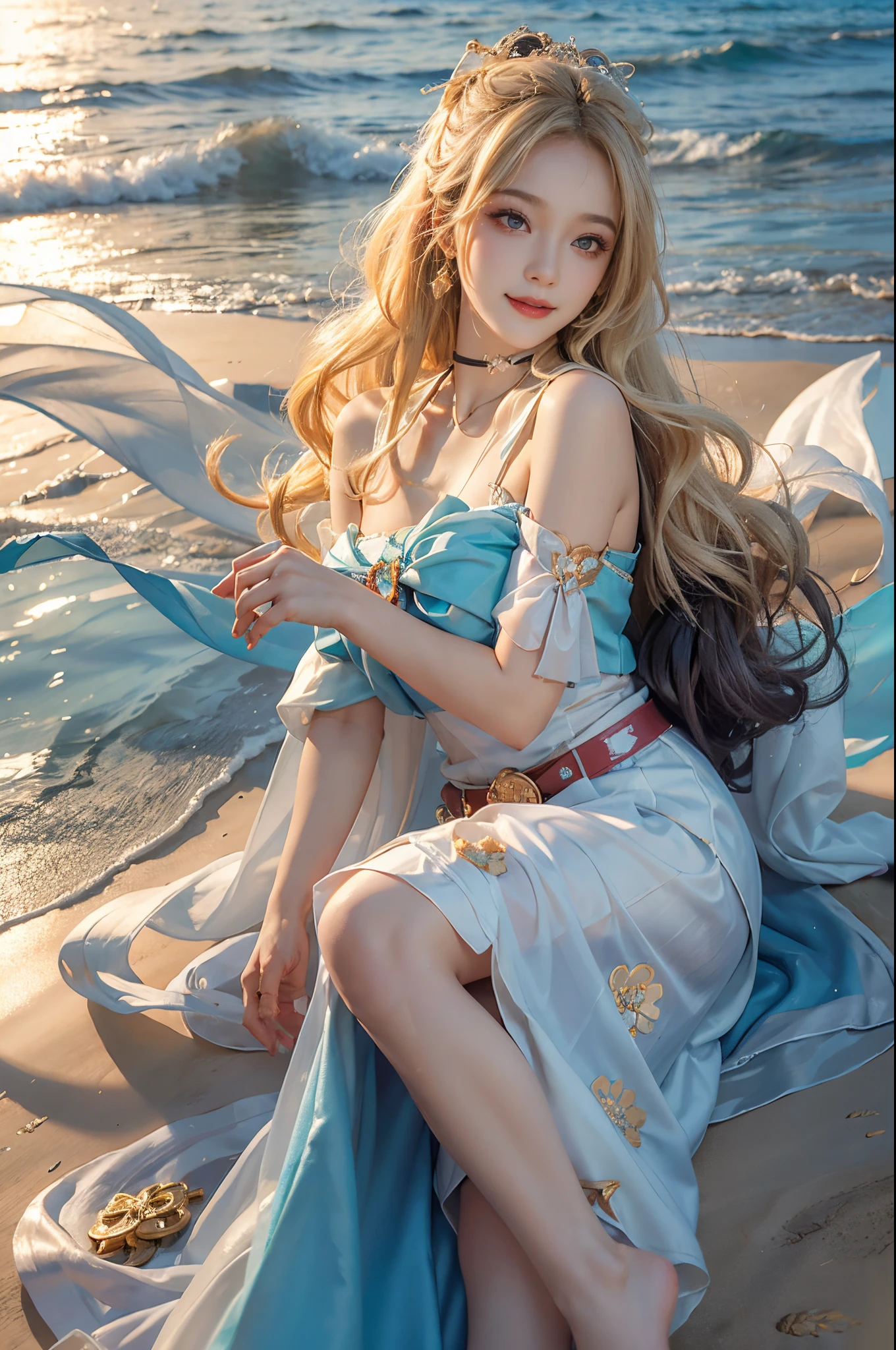 ((actual)), A young girl, beuaty girl, Beauty in period costume, Hanfu, Draped in silk, Flower, high-waist, nice belt, cropped shoulders, Slim, Slimming the waist, high-heels, the shy, grinning smile, ear nipple ring、choker necklace、hair pin，heavy  makeups，Gorgeous eye makeup，Extremely beautiful eyes, coiffed blonde hair, curlies, long and flowing hair, early evening, eventide, Seafront, On the sandy beach, walking in sea water, flirty skirt, Mess up your hair, Posing for photos, Pose gracefully, Random shooting angle, warmly lit, Warm color palette, profesional lighting, フォトンマッピング, Radio City, physically-based renderingt, RAW photogr, Best quality at best, beauitful face,  Beautiful skins， Attractive， 超高分辨率， ultra real photo