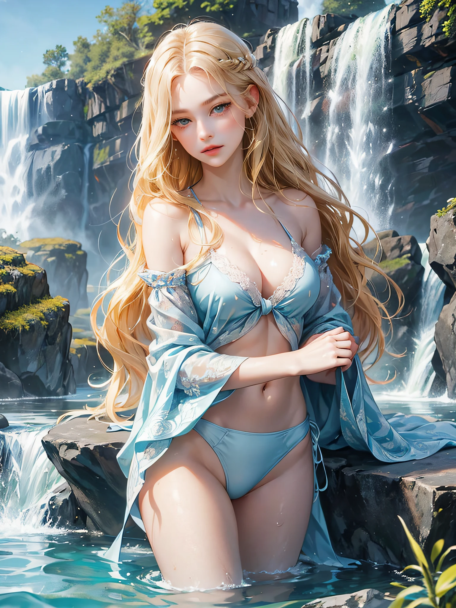 A girl, long blonde hair, wavy hair, no bangs, grey eyes. She wears sky blue bikini, beautiful girl, detailed eyes, detailed face, detailed hands, she looks at the viewer. She is inside water. Background waterfalls