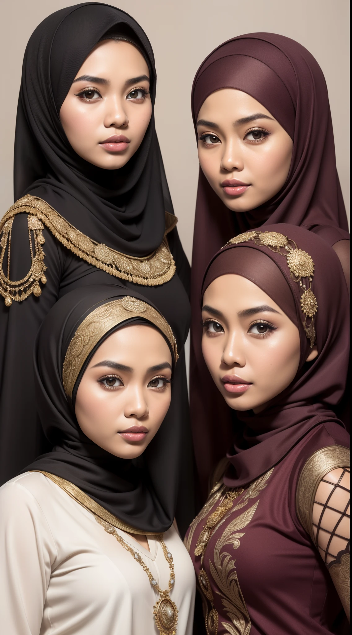RAW, Best quality, high resolution, work: 1.3),2 beautiful Indonesian (Javanese) ,2 women wearing hijab (iu:0.8),2 beautiful Indonesian (Javanese) women, twins, exactly the same face