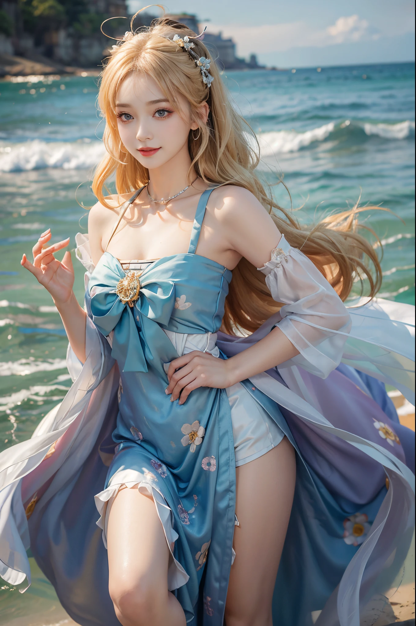 ((actual)), A young girl, beuaty girl, Beauty in period costume, Hanfu, Draped in silk, Flower, high-waist, nice belt, cropped shoulders, Slim, Slimming the waist, high-heels, the shy, grinning smile, ear nipple ring、choker necklace、hair pin，heavy  makeups，Gorgeous eye makeup，Extremely beautiful eyes, coiffed blonde hair, curlies, long and flowing hair, early evening, eventide, Seafront, On the sandy beach, walking in sea water, flirty skirt, Mess up your hair, Posing for photos, Pose gracefully, Random shooting angle, warmly lit, Warm color palette, profesional lighting, フォトンマッピング, Radio City, physically-based renderingt, RAW photogr, Best quality at best, beauitful face,  Beautiful skins， Attractive， 超高分辨率， ultra real photo