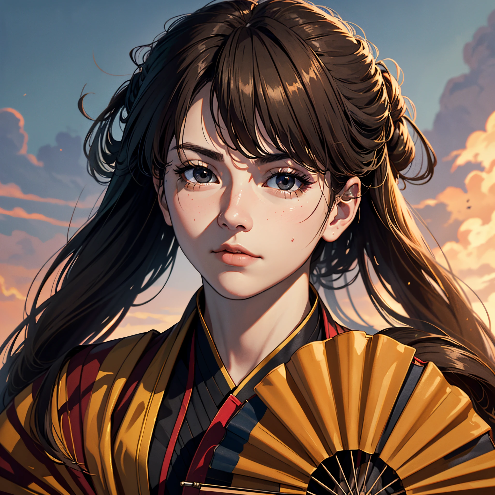 (best quality,masterpiece:1.2,highres), 1 boy, (ultra-detailed), shadows, ancient style, 8K, razor-sharp, fiery background, highly complex details, black eyes, brown hair, human race, loft, holding a folding fan, Zhuge Liang, confident expression, traditional costume, delicate face.