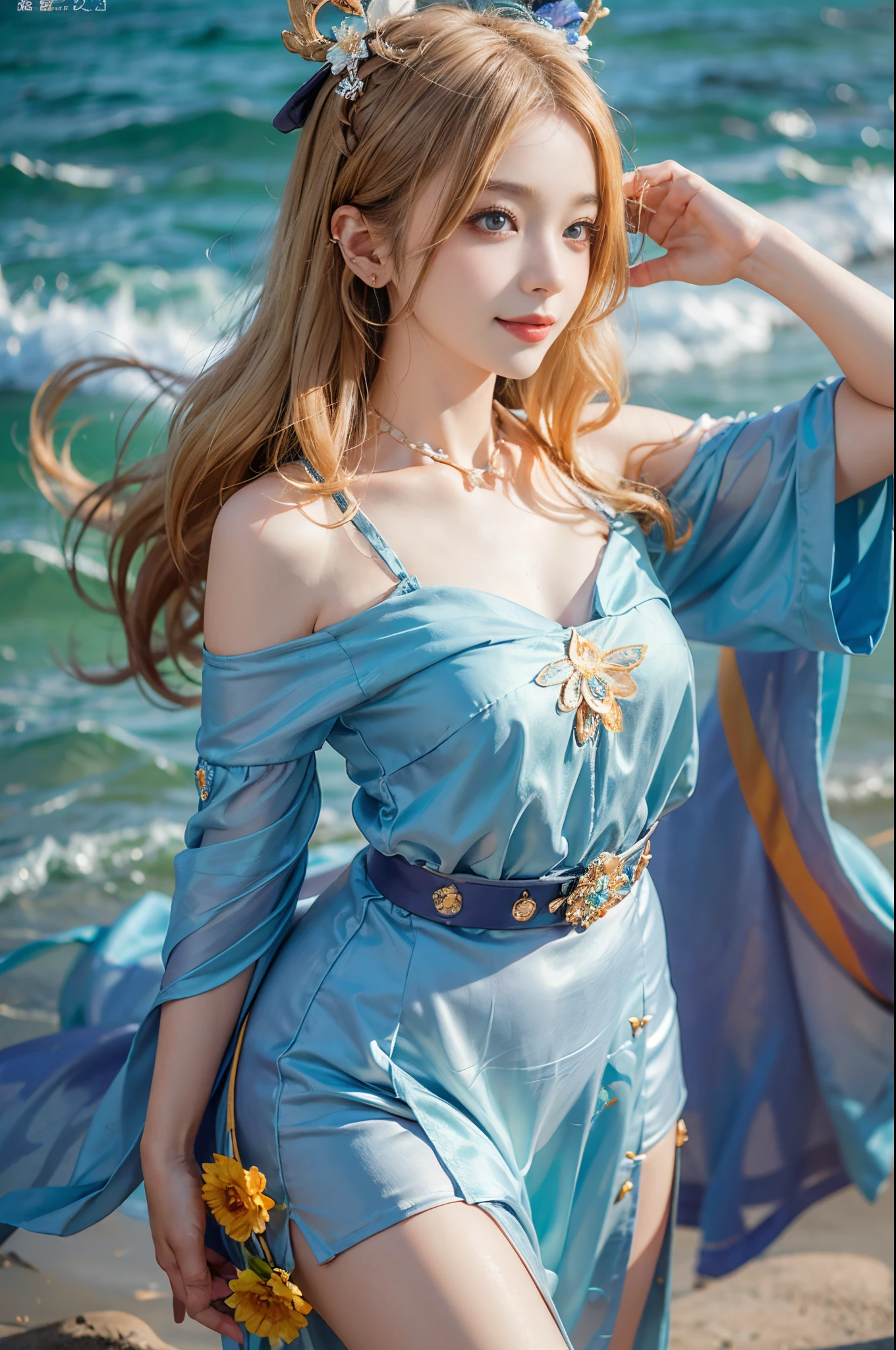 ((actual)), A young girl, beuaty girl, Beauty in period costume, Hanfu, Draped in silk, Flower, high-waist, nice belt, cropped shoulders, Slim, Slimming the waist, high-heels, the shy, grinning smile, ear nipple ring、choker necklace、hair pin,heavy makeups,Gorgeous eye makeup,Extremely beautiful eyes, coiffed blonde hair, curlies, long and flowing hair, early evening, eventide, Seafront, On the sandy beach, walking in sea water, flirty skirt, Mess up your hair, Posing for photos, Pose gracefully, Random shooting angle, warmly lit, Warm color palette, profesional lighting, フォトンマッピング, Radio City, physically-based renderingt, RAW photogr, Best quality at best, beauitful face, Beautiful skins, Attractive, 超高分辨率, ultra real photo