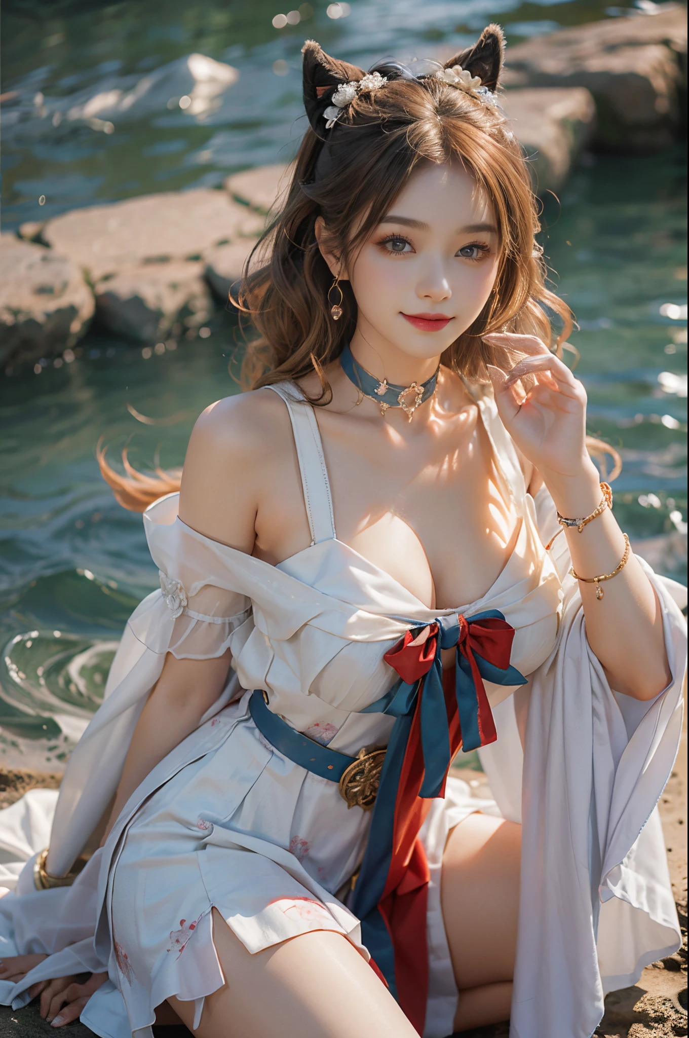 ((actual)), A young girl, beuaty girl, Beauty in period costume, Hanfu, Draped in silk, Flower, high-waist, nice belt, cropped shoulders, Slim, Slimming the waist, high-heels, the shy, grinning smile, ear nipple ring、choker necklace、hair pin，heavy  makeups，Gorgeous eye makeup，Extremely beautiful eyes, coiffed blonde hair, curlies, long and flowing hair, early evening, eventide, Seafront, On the sandy beach, walking in sea water, flirty skirt, Mess up your hair, Posing for photos, Pose gracefully, Random shooting angle, warmly lit, Warm color palette, profesional lighting, フォトンマッピング, Radio City, physically-based renderingt, RAW photogr, Best quality at best, beauitful face,  Beautiful skins， Attractive， 超高分辨率， ultra real photo