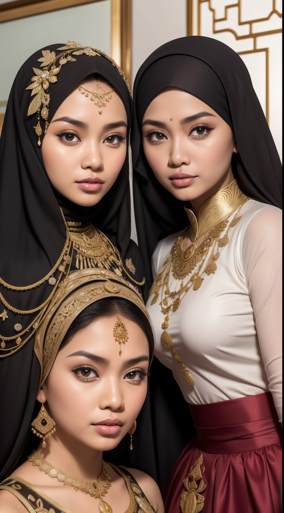 Design a dreamlike and enchanting portrait where three Malay girls in hijab embody the charm and grace of fairy tale princesses, surrounded by a magical castle and whimsical creatures