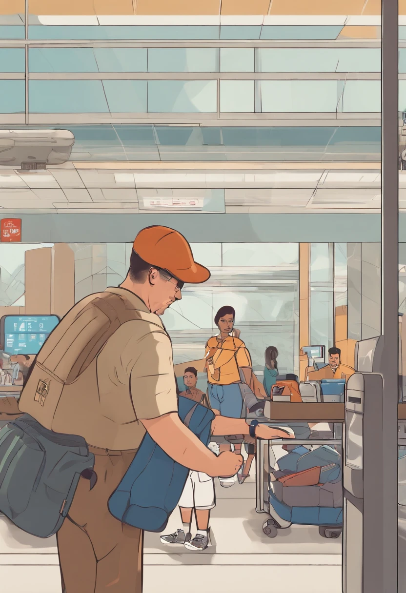 A photo of airport dad weighing all the packed bags at the airport baggage check,original,Airport dad dresses like a typical dad. Slightly overweight, He wears shirts tucked into shorts with a belt. High white socks with New Balance sneakers.
