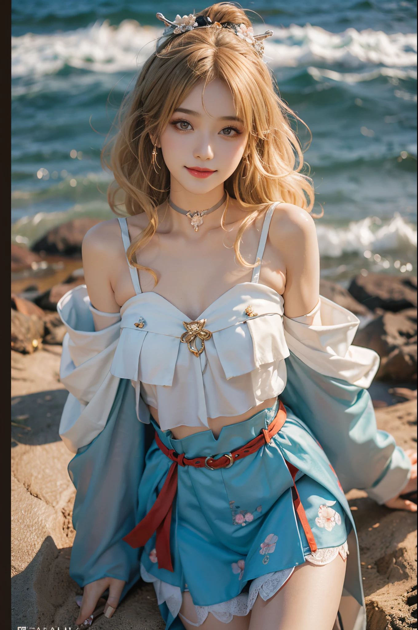 ((actual)), A young girl, beuaty girl, Beauty in period costume, Hanfu, Draped in silk, Flower, high-waist, nice belt, cropped shoulders, Slim, Slimming the waist, high-heels, the shy, grinning smile, ear nipple ring、choker necklace、hair pin，heavy  makeups，Gorgeous eye makeup，Extremely beautiful eyes, coiffed blonde hair, curlies, long and flowing hair, early evening, eventide, Seafront, On the sandy beach, walking in sea water, flirty skirt, Mess up your hair, Posing for photos, Pose gracefully, Random shooting angle, warmly lit, Warm color palette, profesional lighting, フォトンマッピング, Radio City, physically-based renderingt, RAW photogr, Best quality at best, beauitful face,  Beautiful skins， Attractive， 超高分辨率， ultra real photo