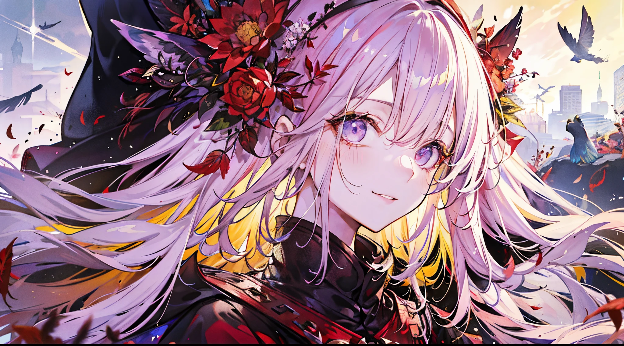((tmasterpiece:1.4,Best quality))+,(hyper-detailing)+,(Ultra-detailed eyes)+,(winged ears:1.5),
(cute girls),15year old,(Crimson pupils:1.15),Long dark blond hair,long braid,Bushy hair(wariza:1.2),pale-skinned,seduct smile,red rhombus crystal,red bird feathers,vacant eyes,Black lips
(She wears conservative red and yellow clothes,Green pattern,:1.5),(Dead Leaf Cloak:1.4)The sleeves are long,Red bird feather headdress,baiyun,A sea of red leaves and rice,Dream bubbles,black fingernails,red leaf crown,red apple,Red Lotus,leather pant,Purple grapes,
(bird feathers:1.1),
(dawn light:1.2),
(Thick black and white:1.16),(depth of fields:1.4),Complicated details,