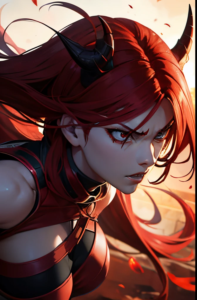Anime woman,redhead, red eyes, glowing eyes, long hair, no clothes, nude, big boobs, big butt, sexy body, red lips, malicious smile, vampire fangs, chocker, lewd mark, succubus mark.