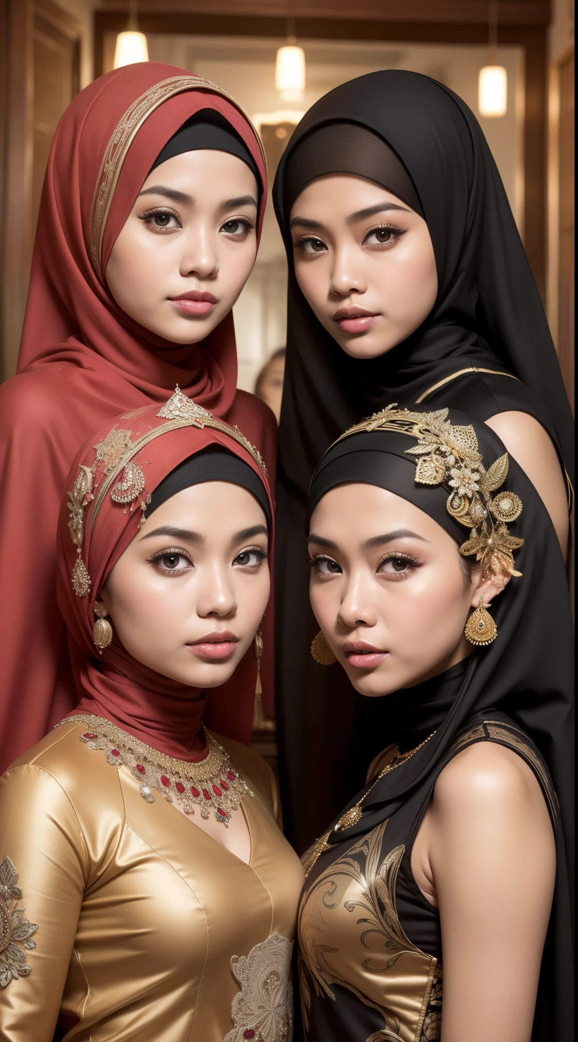 RAW, Best quality, high resolution, work: 1.3),2 beautiful Indonesian (Javanese) ,2 women wearing hijab (iu:0.8),2 beautiful Indonesian (Javanese) women, twins, exactly the same face