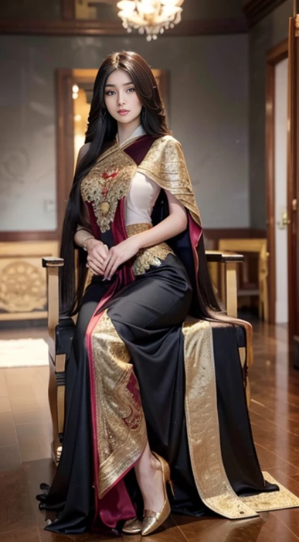 Detailed faces, Clear Face, beautiful girl, (((See the whole body......, Long slender legs......))), beautiful make up, Red lips, Black Hair, Lots of lashes, (((very long hair, Extra long hair))), Medium body, Big breasts, super large breasts,(((emphasis on breasts, breast augmentation))), Thai angel costume, antique, Traditional Thai costumes, fully dressed, HD, Full body , The stomach was visible......., I see beautiful legs., Sit on the throne.
