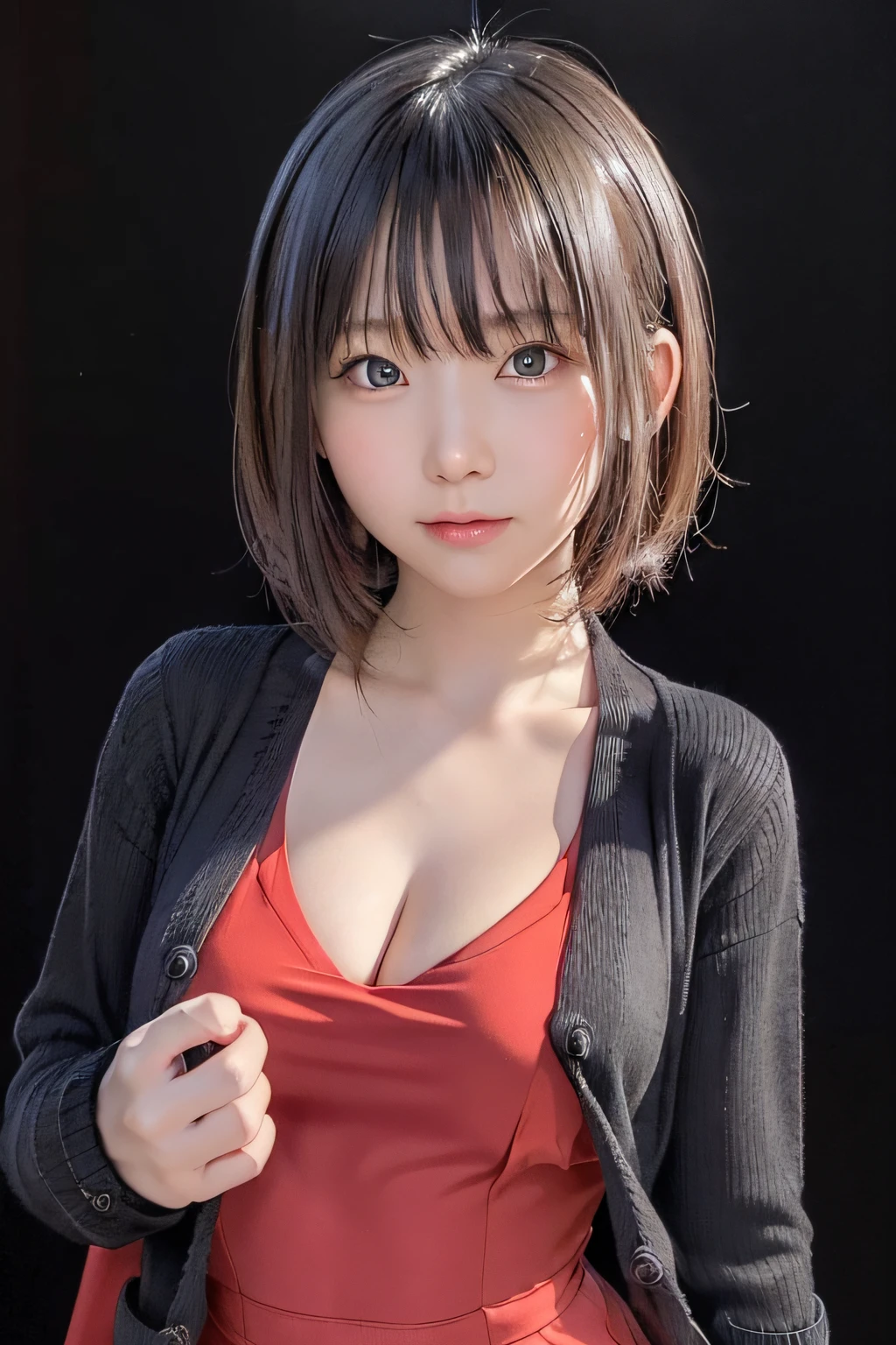 (8K、Raw photography、top-quality、masterpiece:1.2)、(((Wearing a black cardigan over a bright red dress:1.5)))、(realisitic、Photorealsitic:1.37)、ultra-detailliert、超A high resolution、女の子1人、see the beholder、beautifull detailed face、A smile、Constriction、(Slim waist) :1.3)、Beautiful detailed skin、Skin Texture、Floating hair、Professional Lighting、In the street、The upper part of the body、-yeld hischool girl、Lori elementarace、Slimed、(flat chest) , (((Pitch black background))) ,