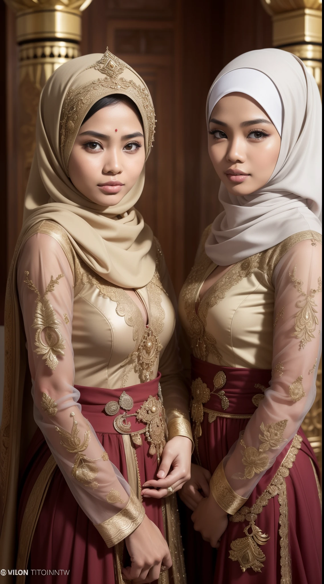 half body, beautiful muslimah girls, wearing traditional transparent silk kebaya, a couple, ultra-detailed, detailed faces, detailed skins, 8k masterpieces, cinematic lighting, perfect round bosom, voluptuous bosom, slim and slender body, long hijab, eid mubarak, in malay village, in the meadow, seducing the viewer, seductive face, flirting, revealing, intimacy, looking at each other, hands groping the bosom