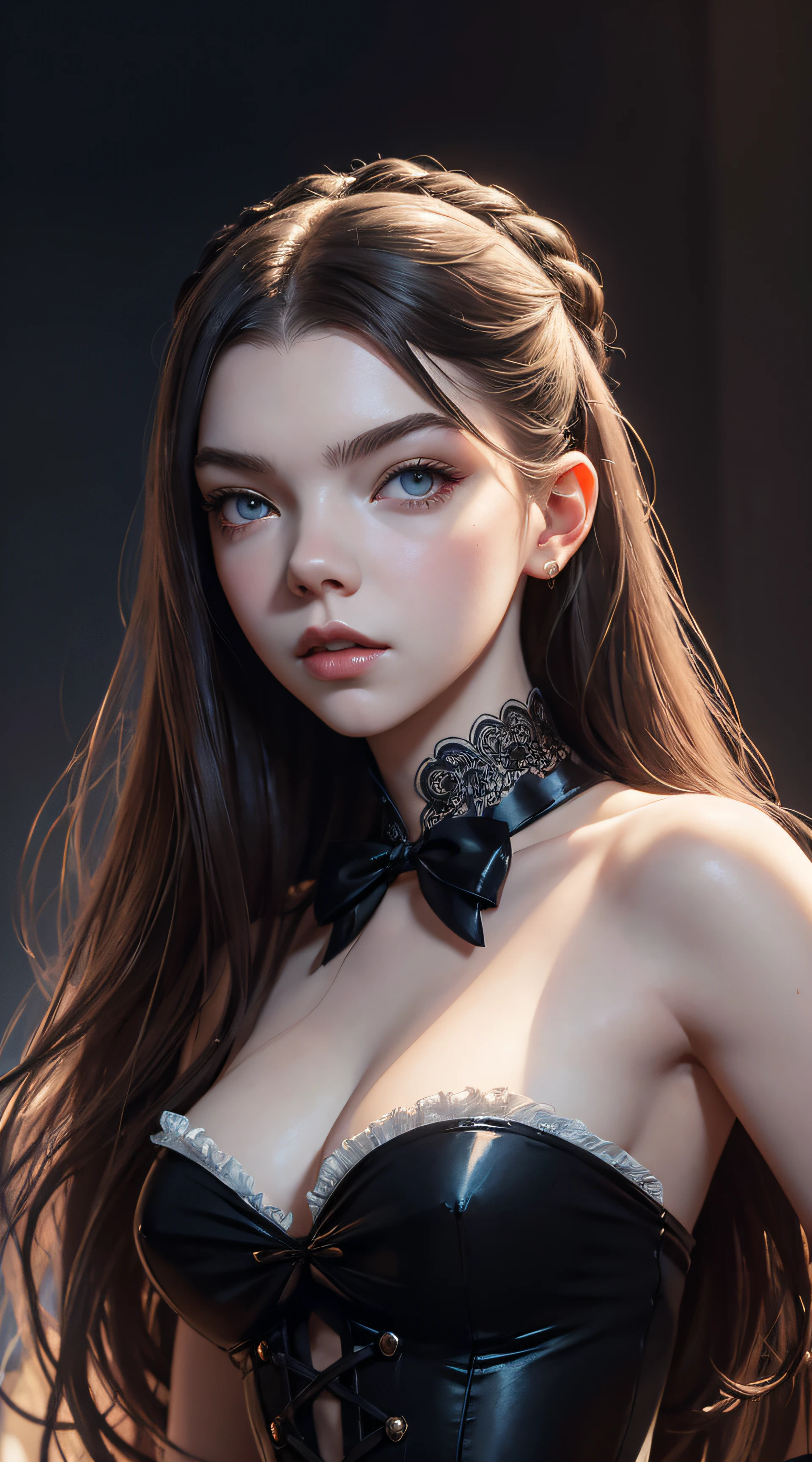 Anya Taylor-Joy, french maid sexy clothes, character portrait, 4 9 9 0 s, long hair, intricate, elegant, highly detailed, digital painting, artstation, concept art, smooth, sharp focus, illustration, art by wlop, charlie bowater and alexandra fomina