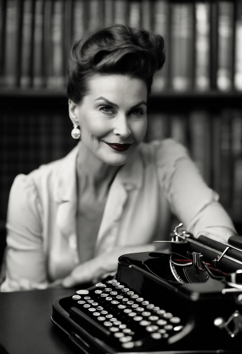 A candid shot of Vivian holding a vintage typewriter with a mischievous glint in her eye and a playful smirk on her lips.,original,Vivian Hawthorne, the master librarian at the New York City Public Library, is a picture of elegance and intelligence. In her mid-fifties, she has sharp, observant eyes that miss nothing, framed by silver-streaked hair often pulled back in a sleek bun. Her attire is always classic and impeccable, befitting the grandeur of the library’s halls which she navigates with a poised grace.