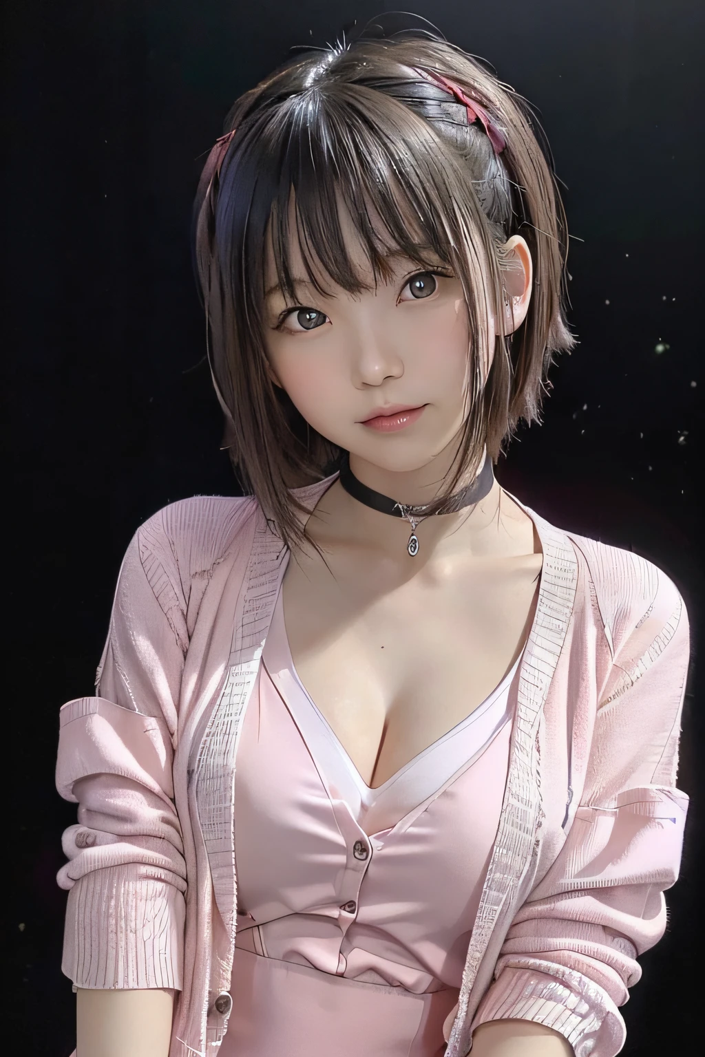 (8K、Raw photography、top-quality、​masterpiece:1.2)、(((Wear a pink cardigan over a bright red dress.:1.5)))、(realisitic、Photorealsitic:1.37)、ultra-detailliert、超A high resolution、女の子1人、see the beholder、beautifull detailed face、A smile、Constriction、(Slim waist) :1.3)、Beautiful detailed skin、Skin Texture、Floating hair、Professional Lighting、In the street、The upper part of the body、-yeld hischool girl、Lori elementarmed、((flat chest))　,　(((Pitch black background))) ,　Silver Hair Band、　Silver choker