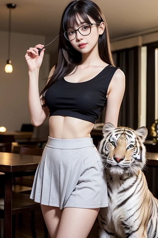 Design a warm scene，Let a young Taiwanese woman interact with her beloved big cat pet, Very huge white tiger,Very cute Taiwanese girl,Has a beautiful and petite figure, Gauze low-cut top and pleated skirt, Wear glasses, Round glasses, very long golden brown hair, Very long bangs hairstyle, petite body, Small waist, Slim, Wide hips, Thigh thick, Demonstrate their connection in the comfort of home, Bright lights, Happy, 8K, Quality, ray illumination,