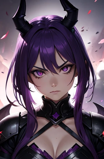 A Hyperrealistic, Purple Hair Female Demon warrior at hell, Perfect Body, Perfect Face, Angry