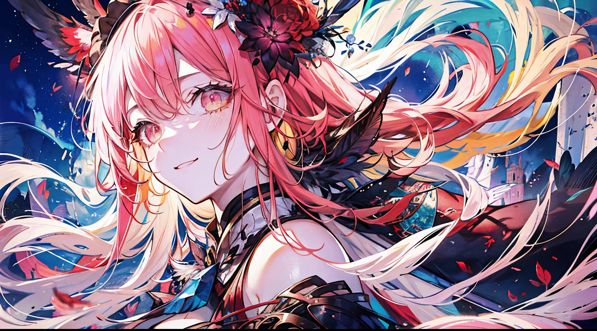 ((tmasterpiece:1.4,Best quality at best))+,(hyper-detailing)+,(Ultra-detailed eyes)+,(winged ears:1.5),
(cute girls),ar old,(Crimson pupils:1.15),Long dark blond hair,long braid,Bushy hair(wariza:1.2),pale-skinned,Seductive smile,red rhombus crystal,red bird feathers,Empty eyes
(She wore a conservative red and yellow bird feather coat,Black pattern,:1.5),(Starry Sky Cloak:1.4)Sleeves are super long,Red bird feather headdress,Flame hair,baiyun,A sea of red leaves and trees,Dream bubbles,Black nails,sun crown,red apple,Red Lotus,leather clothes,Dead wood crown black gauntlets
(bird feathers:1.1),
(dawn light:1.2),
(Thick black and white:1.16),(depth of fields:1.4),Complicated details,Color mixing,Detailed route,Excellent,super detailing,The content is very detailed,(hight contrast:1.11),ventania,Amazing cleavage,美丽细致的眼睛,messy hair,(best illuminate,Extremely Delicately Beautiful), ((movie light lighting)), (seen from the side:1.3),8K,tmasterpiece,Best quality at best,cinematic Film still from,1 busty girl,floating in sky,Intertwined clouds,clouds,(Close-up cleavage:1.1),bright,cheerfulness,Interesting,gentlesoftlighting,(bauhause,shape,line engineering,Abstract:1.1)offcial art, Unity 8k壁纸, ultra - detailed, Beautiful and beautiful, tmasterpiece, Best quality at best, (dynamic angle:1.4),romantic depth of field exotic_dance,PerfectNwsjMajic,(tmasterpiece,top-quality,Best quality at best,offcial art,Beauty and aesthetics:1.2),The is very detailed,rich colourful,highest details,