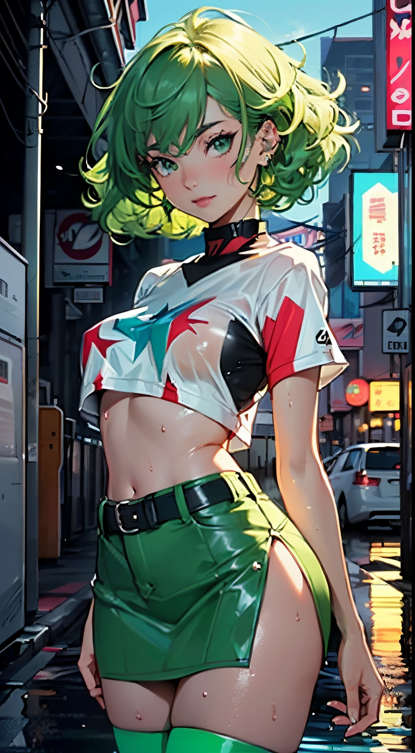 YouTuber Girl,(((1girl))),((Extraordinarily cute and beautiful green curly girl)),

(short breasts,:1.4),(((green curly hair:1.35,Very curly hair,colored inner hair,Ear breathing,Short hair))),(((Green eyes:1.3))),intricate eyes,beautiful detail eyes,symmetric eyes,((fat)),(((sparkly skin:1.5,Bright skin: 1.5,tanned skin,sparkly skin,Very shiny skin,shiny body,Plastic Skin Shine,exaggerated shiny skin,Lightened skin,wet feet))),Delicate, detailed fingers,Detailed body,human hands,(Detailed Face),

Cute,slutty,seductive,Erotic,(((NSFW))),

zettai ryouiki,revealing clothes,Show skin,((Rave miniskirt,Visible thong straps,White loose T-shirt with pop art print)),((wet clothing,intricate outfit,intricate clothes)),

(dynamicpose:1.0),Embarrassed,(centered,scale to fit the dimensions,the rule of thirds),

Cyberpunk city by the ocean at night, with bright neon signs and dark storm clouds and puddles, scenery:1.25,(ciberpunk:1.4),

unreal-engine:1.4,UHD,beste-Qualit:1.4, Photorealistic:1.4, skin texture:1.4, tmasterpiece:1.8,hight resolution, sharp-focus, (Ultra Detailed, Extremely detailed), (Photorealistic works of art:1.37),(extremely detailed CG unity 8k wallpaper),((Synthwave background theme)),(((bright colours))),(intricate  background),(Masterpiece),(Best Quality),