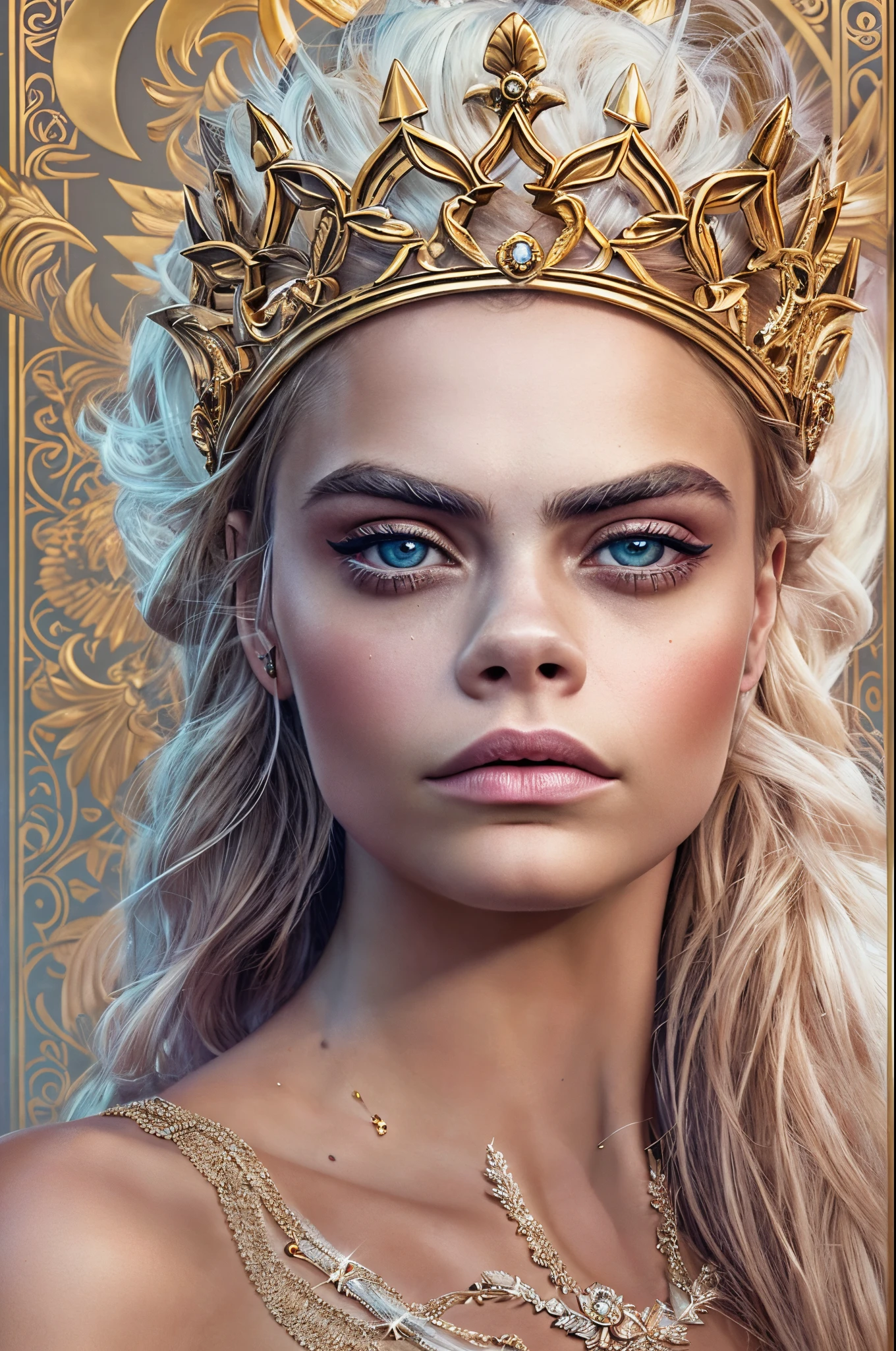 "Imagine an AI-generated masterpiece that transforms Cara Delevingne into a modern interpretation of a Greek goddess. Envision her draped in ethereal robes adorned with contemporary yet mythically inspired patterns. Picture her with a regal crown that seamlessly blends modern fashion with ancient Grecian elegance. Surround her with an aura of celestial light, as if she embodies the essence of a deity. Incorporate subtle nods to her distinctive features and personality, merging the worlds of high fashion and divine mythology. The final image should be a captivating blend of classical grace and contemporary allure, showcasing Cara Delevingne as a goddess for the modern age."