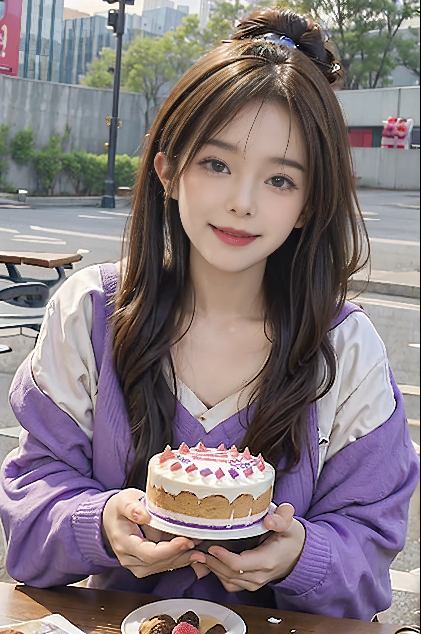 stands in a flowering field、Creates an image of a happy 28 year old brunette woman with messy hair。. She smiled、Present a birthday cake to the viewer on the table。, in bright purple. i'I'll work on your behalf!