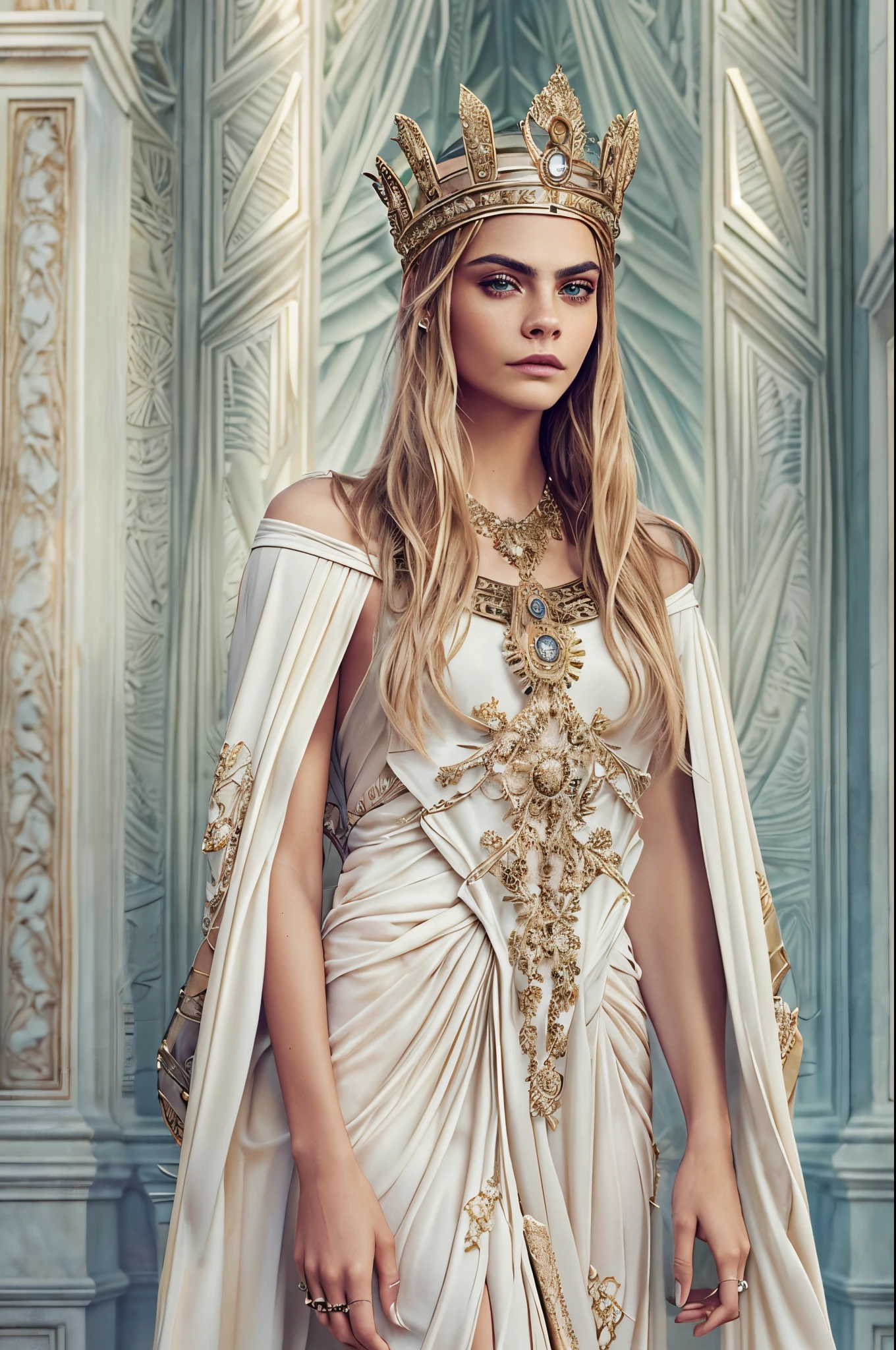 "Imagine an AI-generated masterpiece that transforms Cara Delevingne into a modern interpretation of a Greek goddess. Envision her draped in ethereal robes adorned with contemporary yet mythically inspired patterns. Picture her with a regal crown that seamlessly blends modern fashion with ancient Grecian elegance. Surround her with an aura of celestial light, as if she embodies the essence of a deity. Incorporate subtle nods to her distinctive features and personality, merging the worlds of high fashion and divine mythology. The final image should be a captivating blend of classical grace and contemporary allure, showcasing Cara Delevingne as a goddess for the modern age."