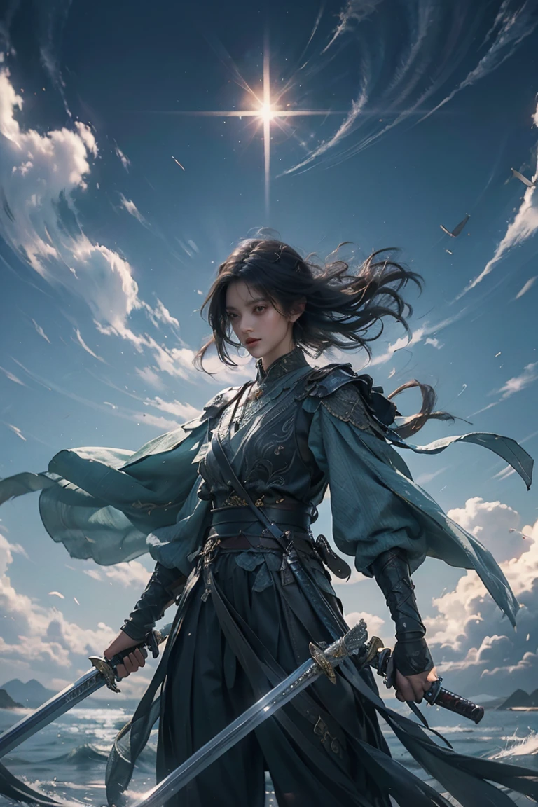 tmasterpiece，Ultra high quality，artwork of a，Perfectcomposition，1 girl，Waving the sword in the sun，Handsome girl，short detailed hair，Multiple long swords floating，wanjianguizong，jianjue，