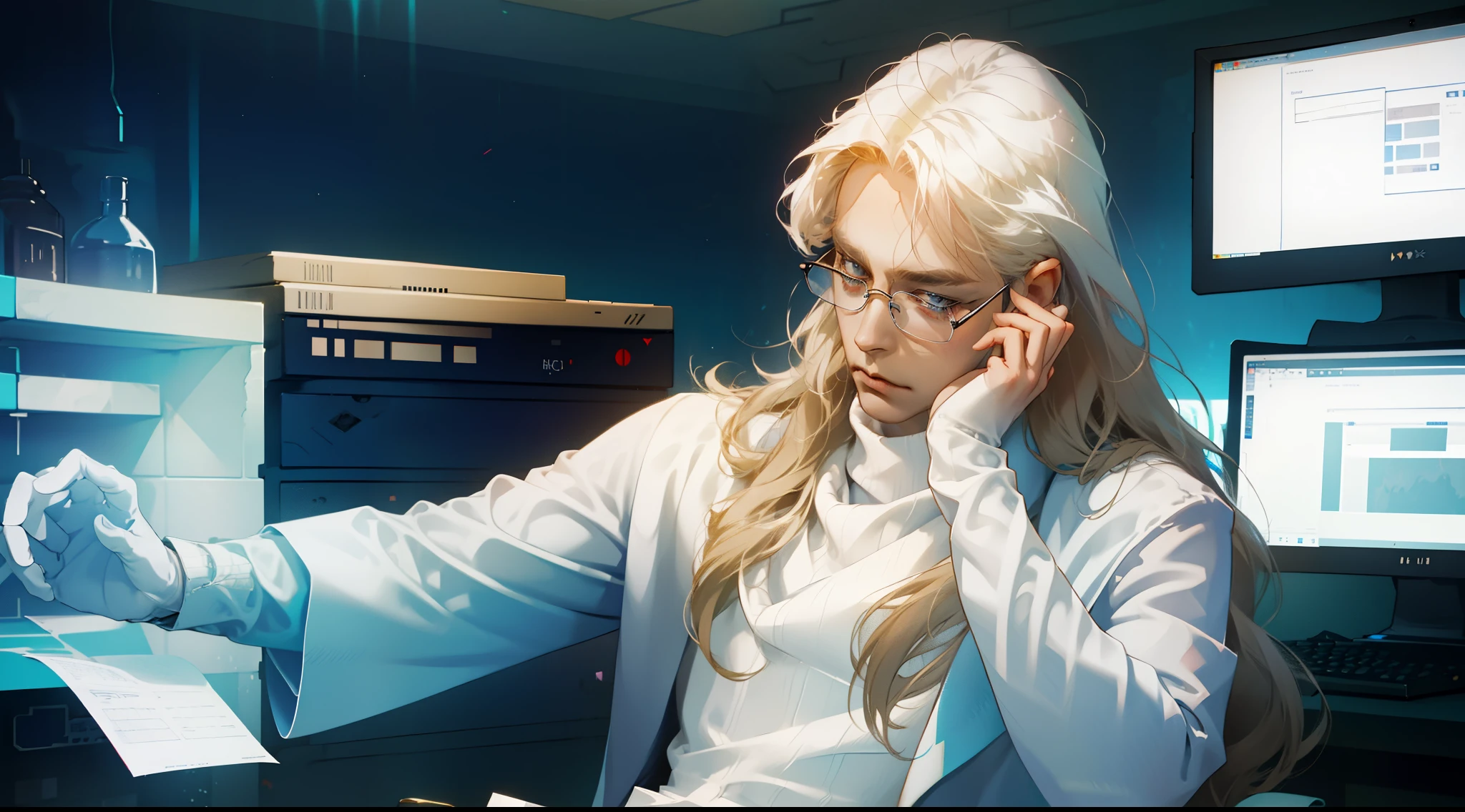 NSFW, tmasterpiece, beste-Qualit, Ultra-detailed, semi-realistic, Detailed facial features, 1male, looking aside, busy, blond, hairlong, eyeglasses, 詳細な目, Cyberpunk clothes, (Inside the blue and white room, in the lab, The White Room,  brightly, looks at the monitor), in a white tight turtleneck, Neat hands, 4k
