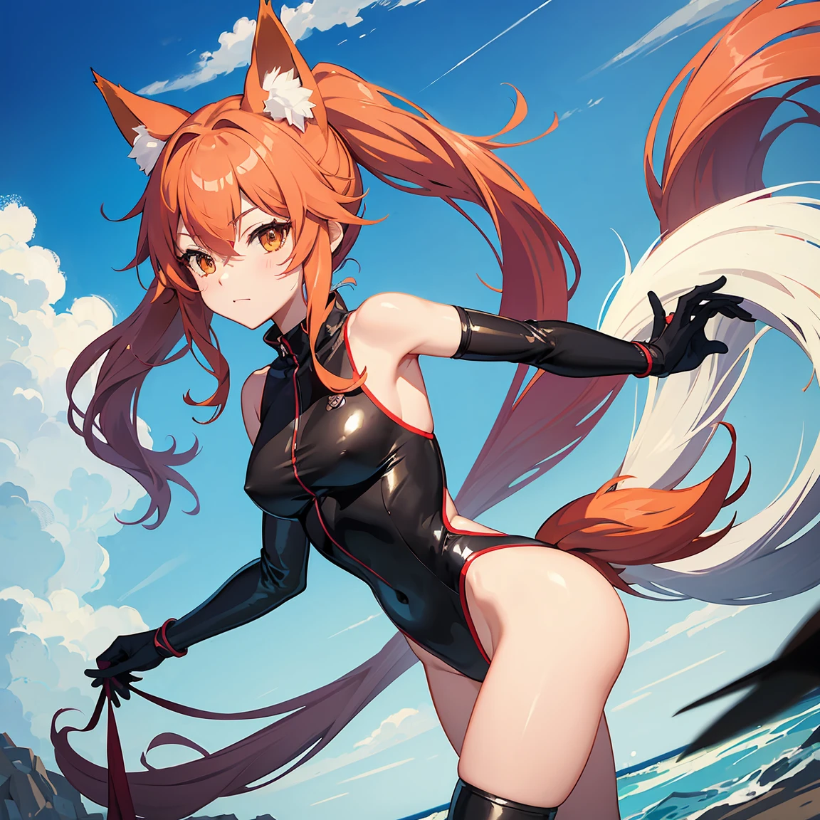 Fox girl , ninja girl , using sexy swinsuit and flufy tail , super flufy tail , Fox tail