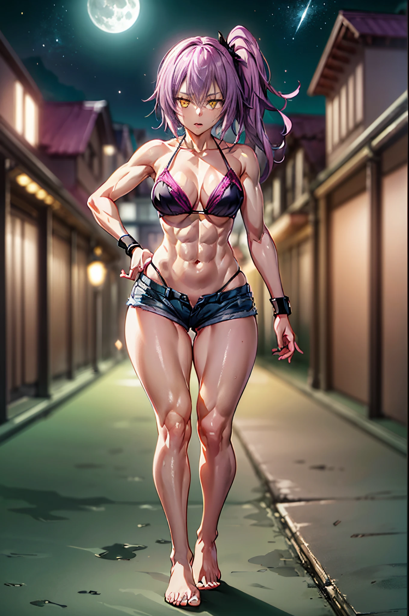 (1 anime girl with purple hair), (((on the beach at night with starry sky and full moon in the sky))), alone, yellow eyes, (short hair), side ponytail hair, purple hair, looking for me, ((Lastly)), Wearing bikini shorts, (((side ponytail))) , (((toned legs))), thick muscular thighs, slim waist, muscular stomach, hands on hips, bare feet, medium breasts, eye reflection, glowing eyes, bad mood, anime, anime style, cinematic lighting, ray tracing, canon, panorama, 8k, hard drive, masterpiece, accurate, anatomically correct, super detail, high quality, high, hard drive, 16k