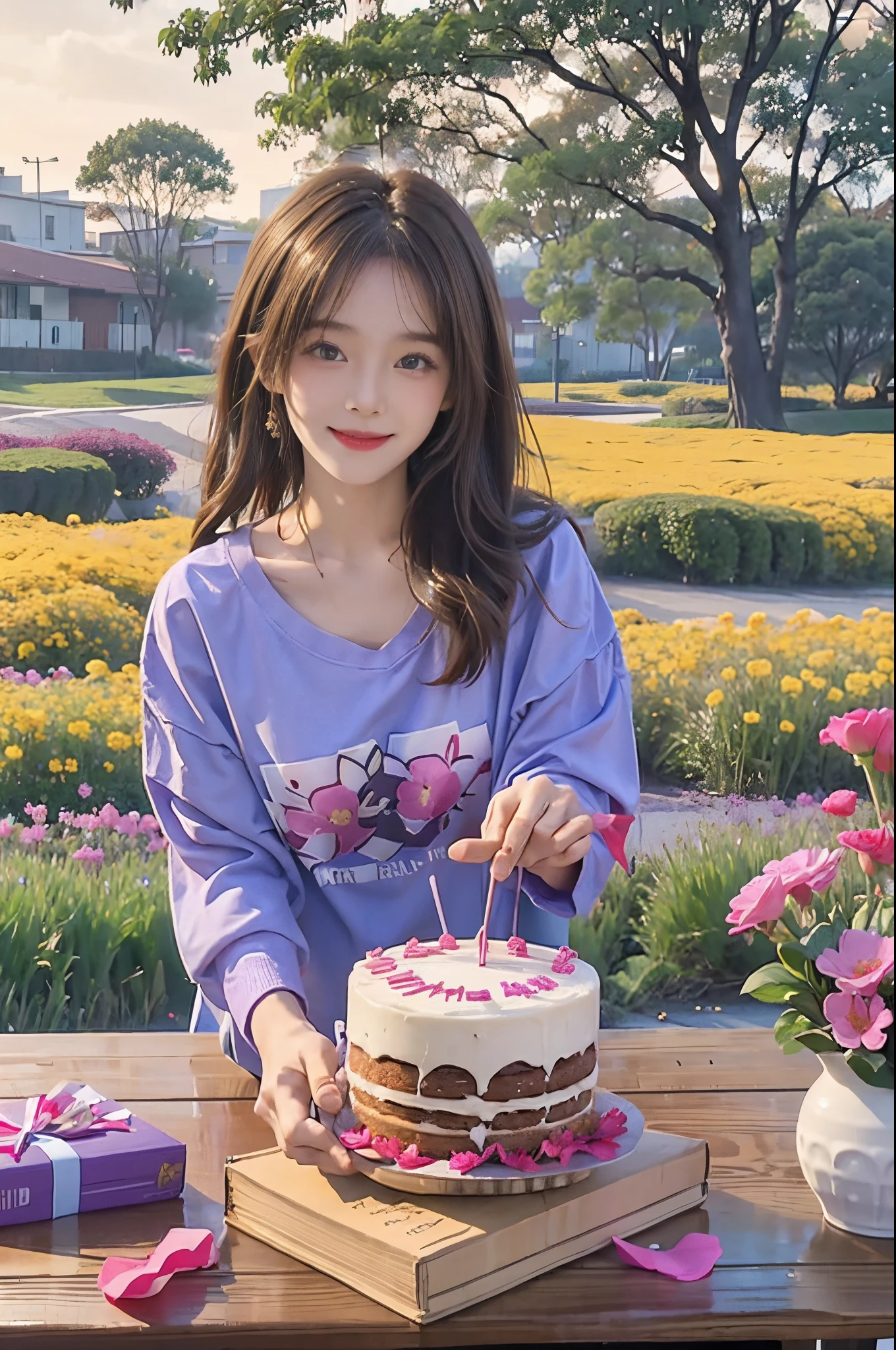 stands in a flowering field、Creates an image of a happy 28 year old brunette woman with messy hair。. She smiled、Present a birthday cake to the viewer on the table。, in bright purple. i'I'll work on your behalf!