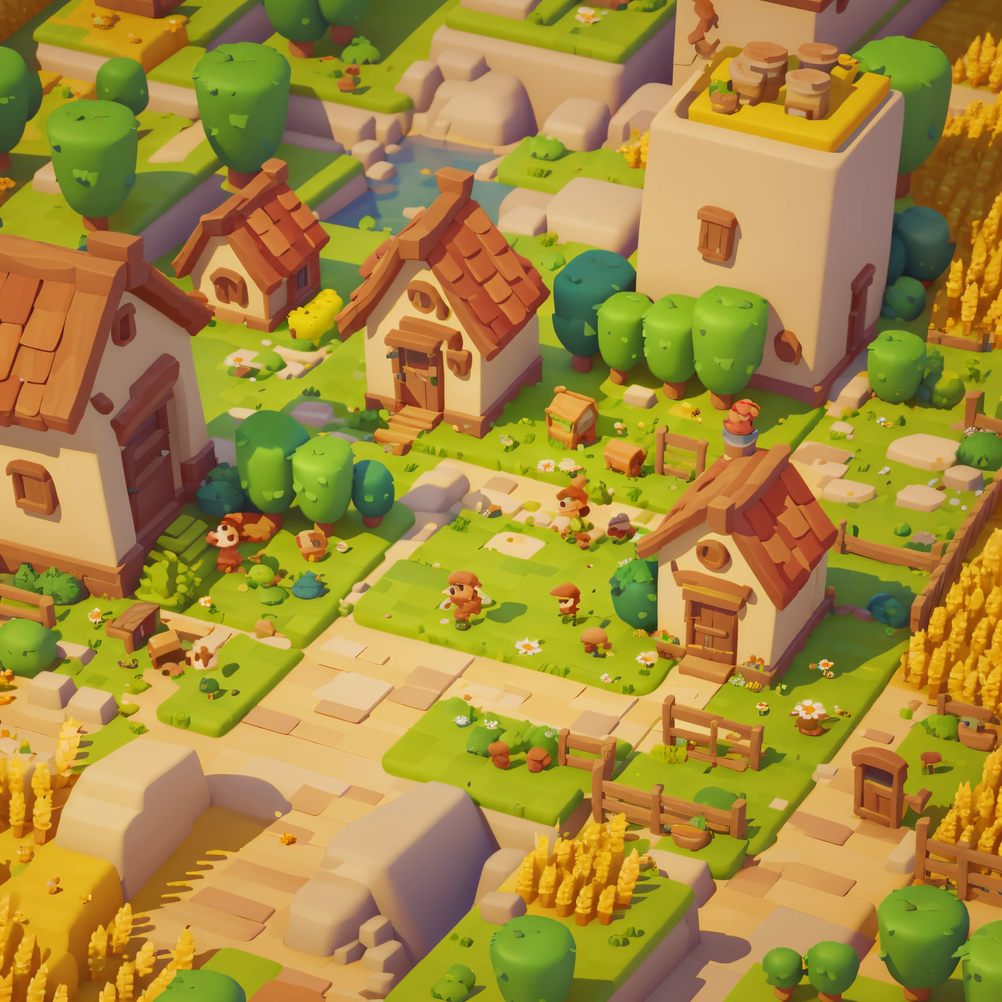 Game architecture design, cartoon, farm, stone, brick, grass, river, flowers, vegetables, wheat, trees, animals, casual play style, 3d, blender, masterpiece, super detail, best quality