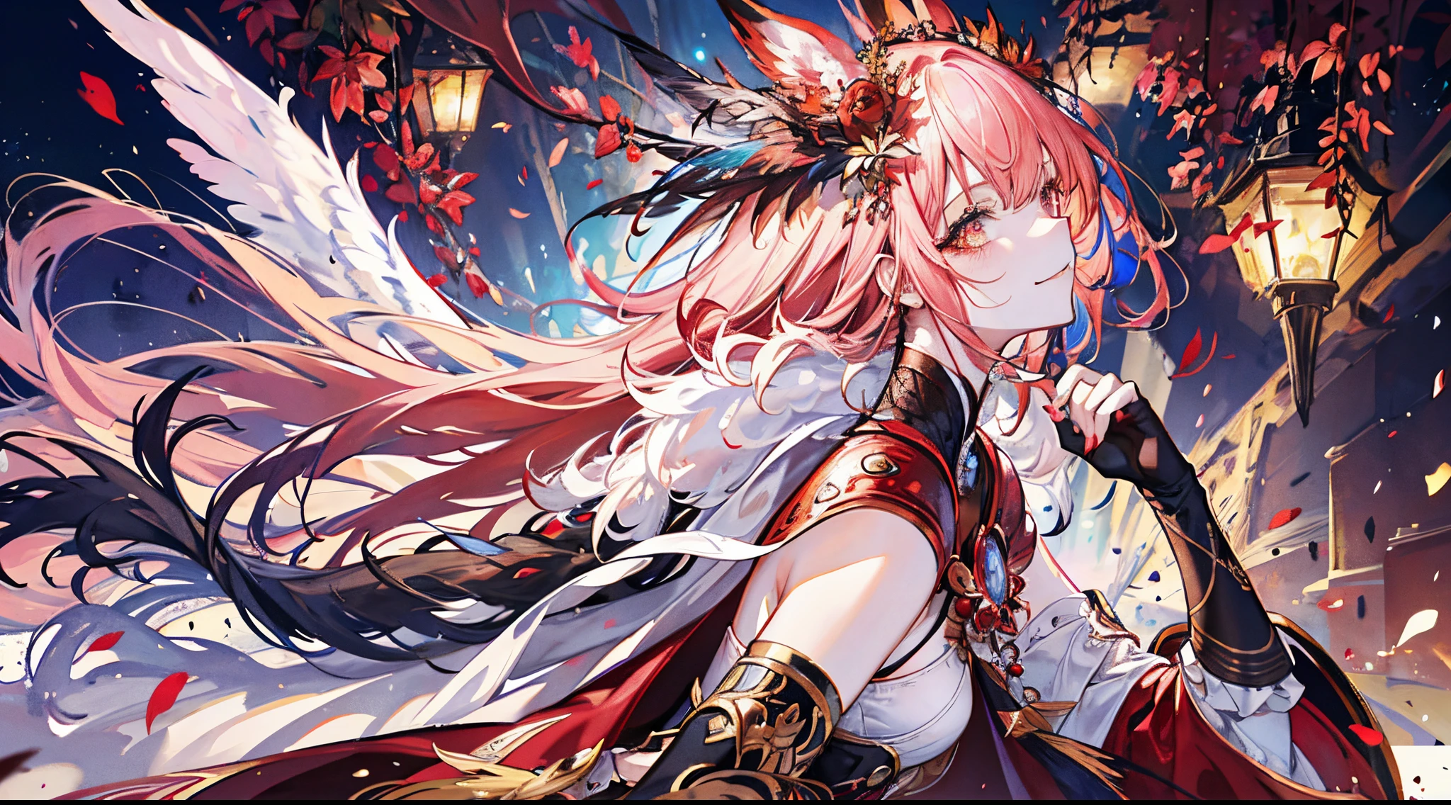 ((tmasterpiece:1.4,Best quality))+,(hyper-detailing)+,(Ultra-detailed eyes)+,(winged ears:1.5),
(cute girls),15year old,(Crimson pupils:1.15),Long dark blond hair,long braid,Bushy hair(wariza:1.2),pale-skinned,Stupid smile,red rhombus crystal,red bird feathers,vacant eyes
(She wore a conservative red and yellow bird feather coat,Black pattern,:1.5),(Starry Sky Cloak:1.4)The sleeves are long,Red bird feather headdress,Wings of Fire,baiyun,A sea of red leaves and trees,Dream bubbles,crow crow,rednails,sun crown,red apple,Red Lotus,leather clothes,suns
(bird feathers:1.1),
(dawn light:1.2),
(Thick black and white:1.16),(depth of fields:1.4),Complicated details,color hybrid,Detailed route,Excellent,super detailing,The is very detailed,(hight contrast:1.11),ventania,Amazing Cleavage,beatiful detailed eyes,messy hair,(best illuminate,Extremely Delicately Beautiful), ((Cinematic lighting lighting)), (seen from the side:1.3),8K,tmasterpiece,Best quality,cinematic Film still from,1个Giant Breast Girl,floating in sky,intertwined clouds,cloud,(Close-up cleavage:1.1),bright,cheerful,Interesting,gentlesoftlighting,(bauhause,shape,line engineering,Abstract:1.1)offcial art, Unity 8k壁纸, ultra - detailed, Beautiful and beautiful, tmasterpiece, Best quality, (dynamic angle:1.4),romantic depth of field exotic_dances,Perfect NwsjMajic,(tmasterpiece,top-quality,Best quality,offcial art,Beauty and aesthetics:1.2),extremely detaile,rich colourful,highest details,