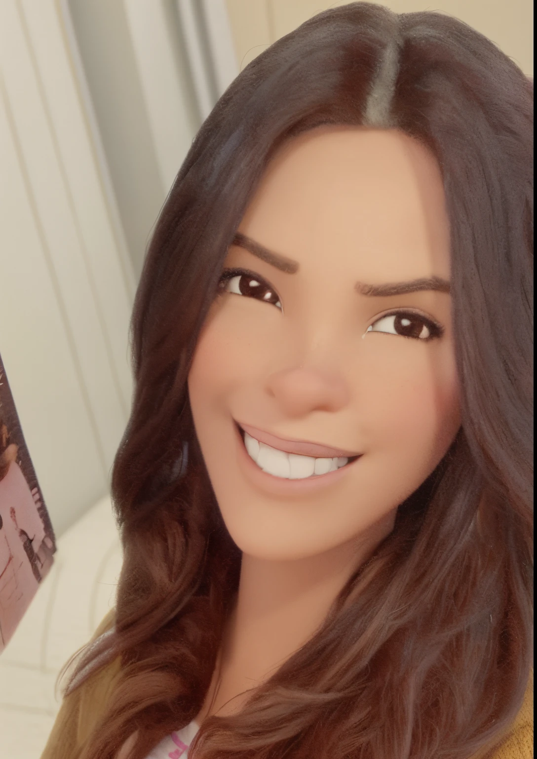 crie um cartaz de desenho 3d pixar de uma mulher brasileira de pele marrom, cabelos lisos, longos usando camiseta listrada rosa e branca, blazer pink, baton rosa , thick lips,, holding a mug of coffee, in an office, estilo 3d pixar