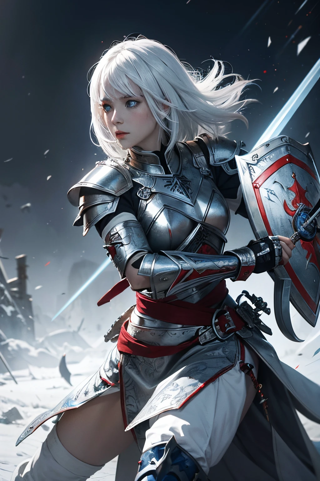 Female warrior white hair,silver armor light reflect and red and blue line ,blue eye,equip sword and shield