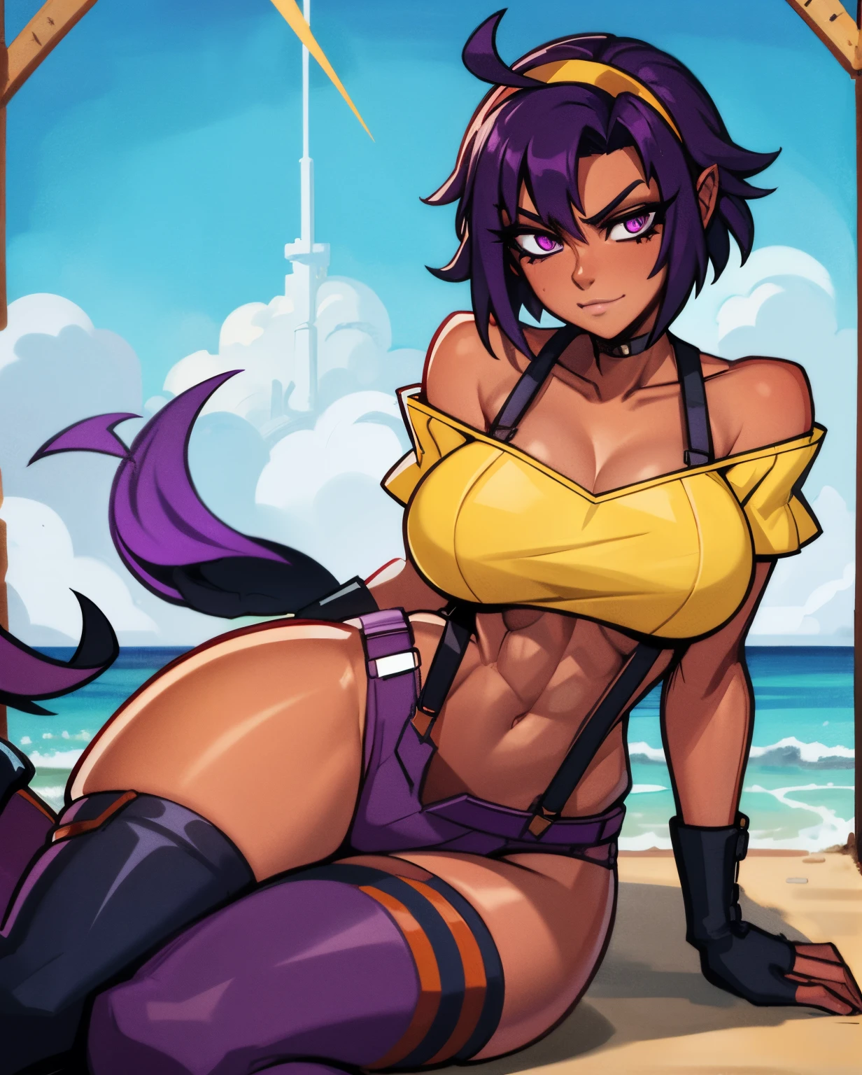 Yoruichi Shihoin, Faye Valentine, cleavage, 25yo woman, hazel eyes, yellow hairband, orange crop top, red shirt, off shoulder, tied shirt, suspenders, midriff, orange shorts, thighhighs, high heel boots, short hair, purple hair, beautiful woman, hourglass figure, solo mature woman, strong muscular woman, masterpiece, intricate detail, perfect anatomy, beautiful and aesthetic, beautiful, best quality, muscular thighs, anatomically correct, ultra detailed, realistic, mature，Big chest，Medium breasts, Thin waist，long leges，Sharp focus :1.2, A pretty woman with perfect figure :1.4, Slender abs :1.2, ((Purple hair, Big breasts :1.2)), (dark skin, dark-skinned female:1.2),