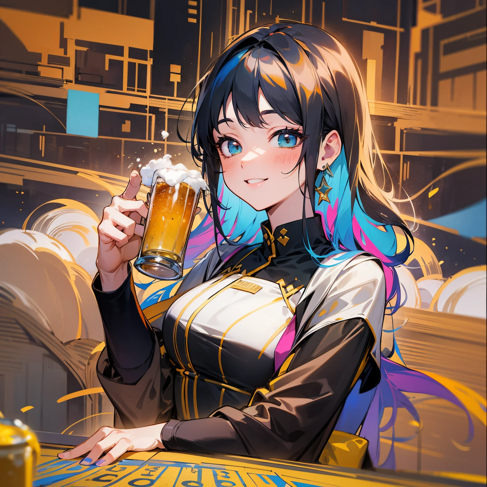 Character Features:  Girl Smiling facial expression Holding a winning lottery ticket in her left hand Pose and Gesture:  Right hand holding a beer Celebratory gesture, directing attention towards the lottery ticket Consider expressive movements to enhance the celebration Lottery Ticket:  Emphasize the significance of the winning amount on the ticket Use vibrant colors and celebratory elements on the ticket Make sure the girl's expression reflects the joy of winning Beer:  Holding a beer glass in a relaxed manner Include details like beer foam or bubbles Consider muted colors for the beer to keep the focus on the lottery ticket Background and Atmosphere:  Keep the background simple, perhaps with a hint of celebration Use colors and elements that complement the joyous occasion without overshadowing the lottery ticket --auto --s2