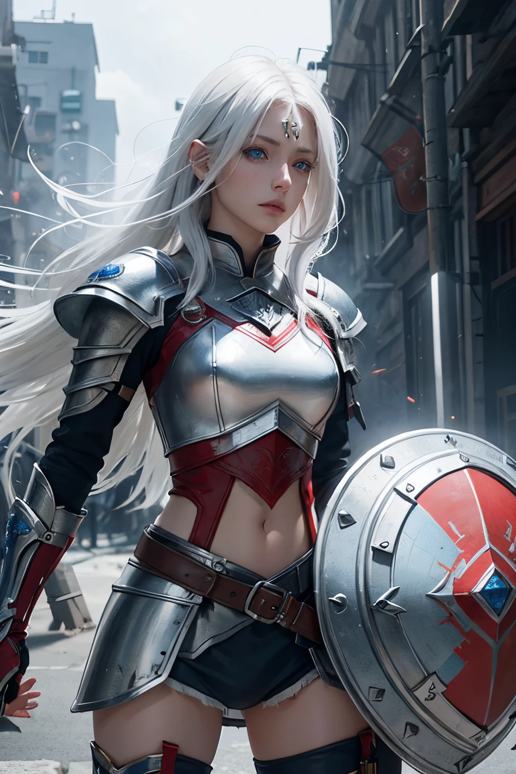 Female warrior white hair,silver armor light reflect and red and blue line ,blue eye,equip sword and shield