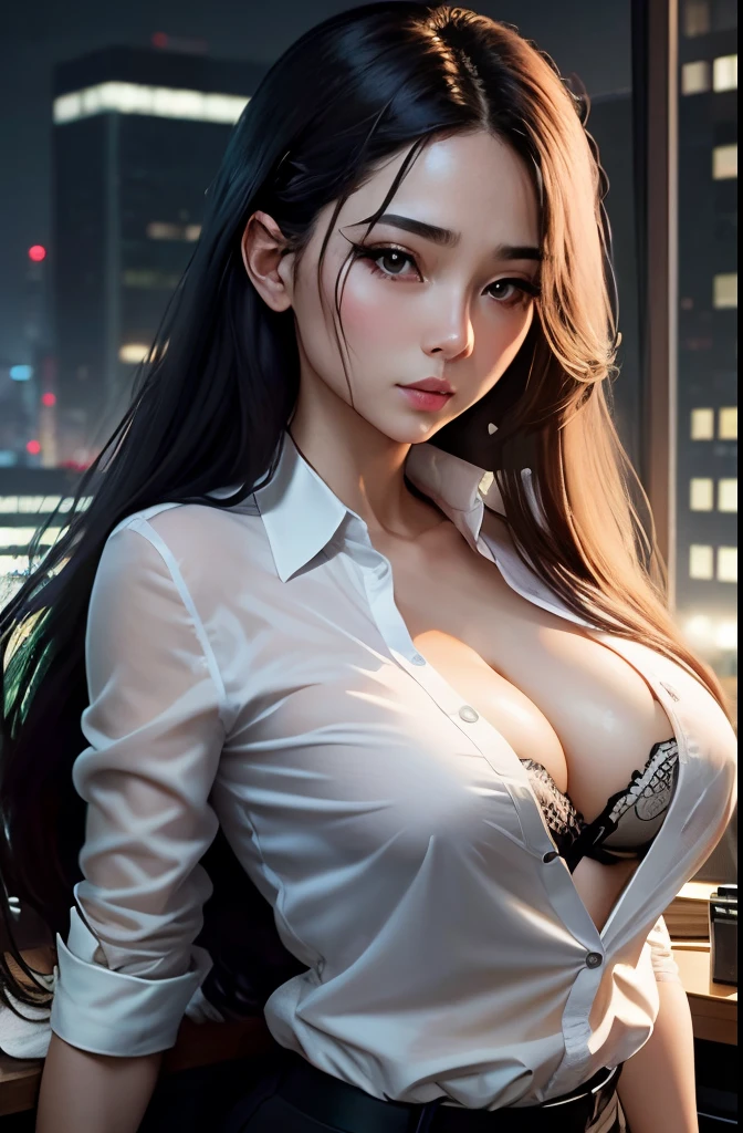 Office at night、White shirt、erotic look、comb one's long hair、A detailed face、masterpiece、Officelady、businesswoman、Sheer black bra