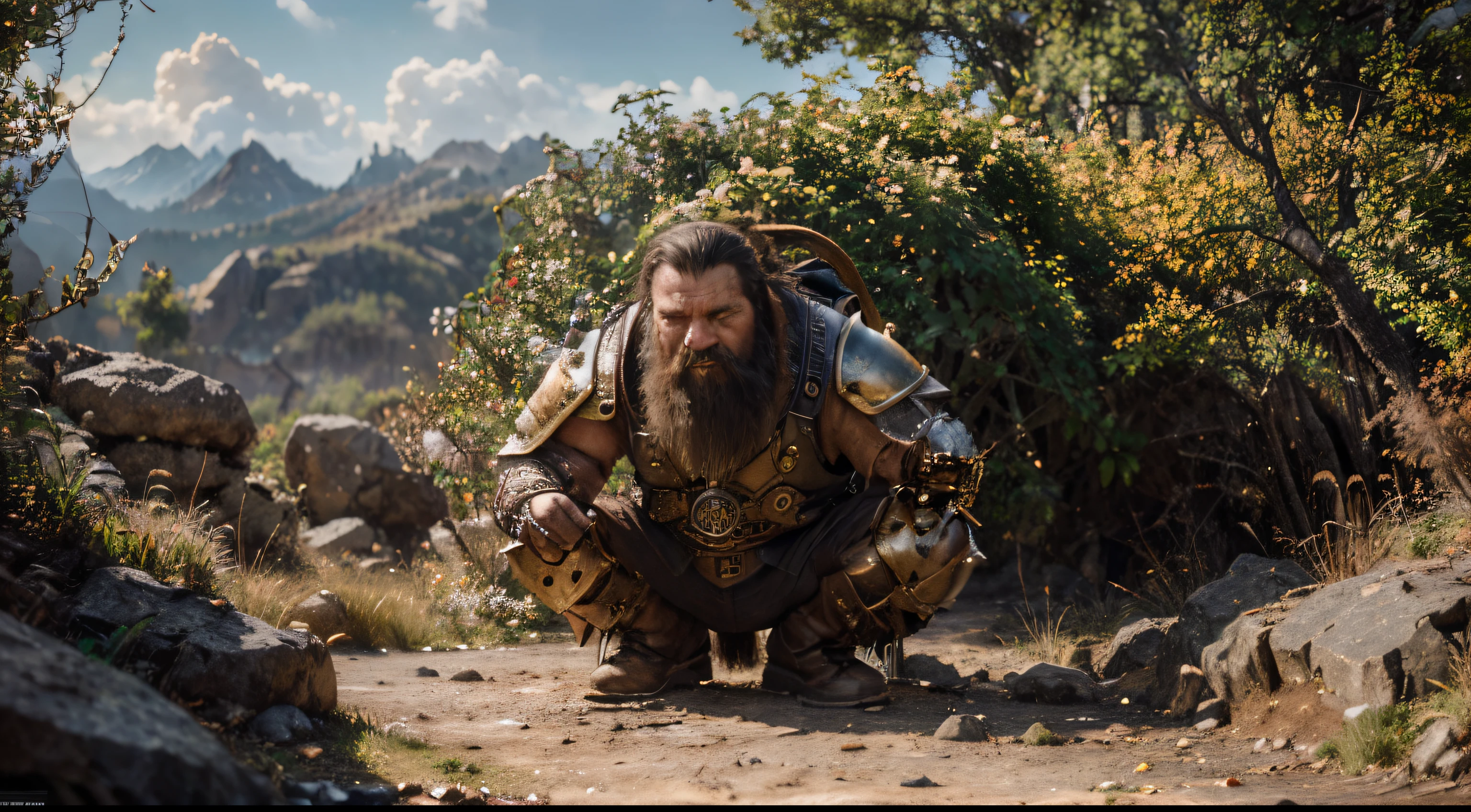 Wide-angle landscape,ultra-detailed,medieval-RPG ambience,steampunk feeling,dwarf blacksmith,rocky road,Final-Fantasy feeling,(best quality,4k,8k,highres,masterpiece:1.2),ultra-detailed,(realistic,photorealistic,photo-realistic:1.37),HDR,UHD,studio lighting,ultra-fine painting,sharp focus,physically-based rendering,extreme detail description,professional,vivid colors,bokeh,portraits,landscape,horror,anime,sci-fi,photography,concept artists,warm golden tones,soft sunlight highlighted,glowing enchantment