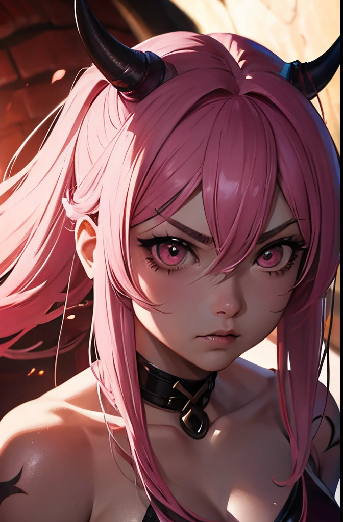 A Hyperrealistic, Pink Hair Female Demon warrior at hell, Perfect Body, Perfect Face, Angry