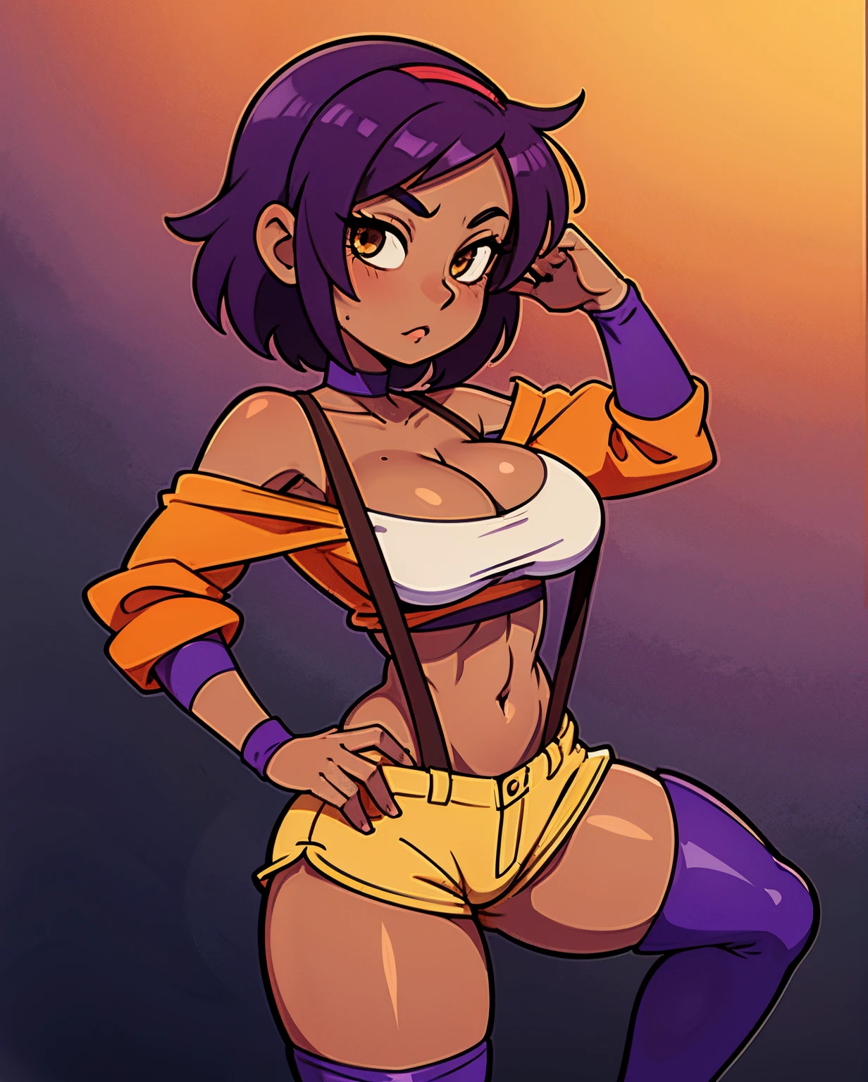 Yoruichi Shihoin, Faye Valentine, cleavage, 25yo woman, hazel eyes, yellow hairband, orange crop top, red shirt, off shoulder, tied shirt, suspenders, midriff, orange shorts, thighhighs, high heel boots, short hair, purple hair, beautiful woman, hourglass figure, solo mature woman, strong muscular woman, masterpiece, intricate detail, perfect anatomy, beautiful and aesthetic, beautiful, best quality, muscular thighs, anatomically correct, ultra detailed, realistic, mature, Thin waist,long leges, Sharp focus :1.2, A pretty woman with perfect figure :1.4, Slender abs :1.2, ((Purple hair, Big breasts :1.2)), (dark skin, dark-skinned female:1.2),